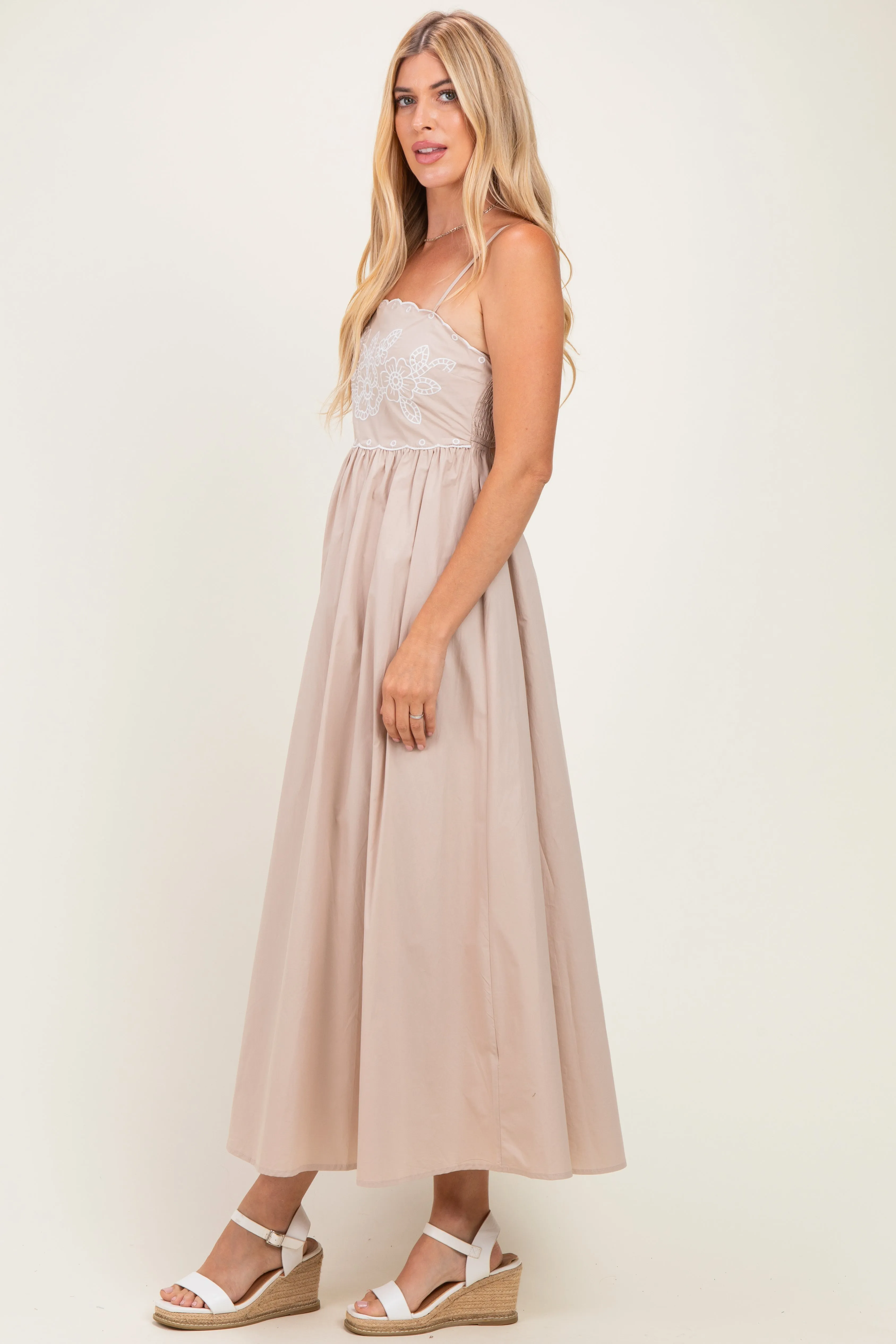 Beige Floral Embroidered Back Cut Out Maxi Dress sold by Pinkblush product image thumbnail 2