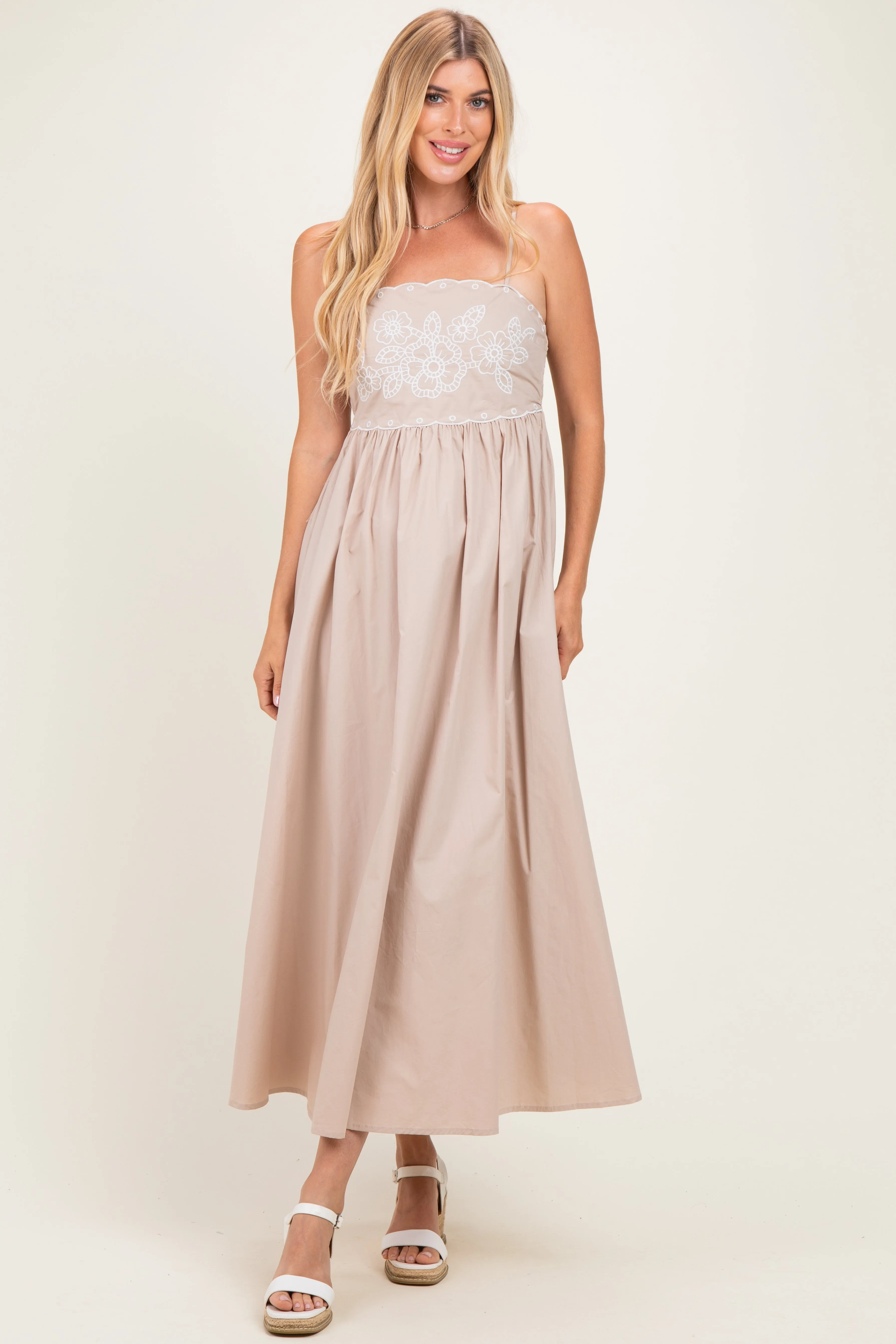 Beige Floral Embroidered Back Cut Out Maxi Dress sold by Pinkblush