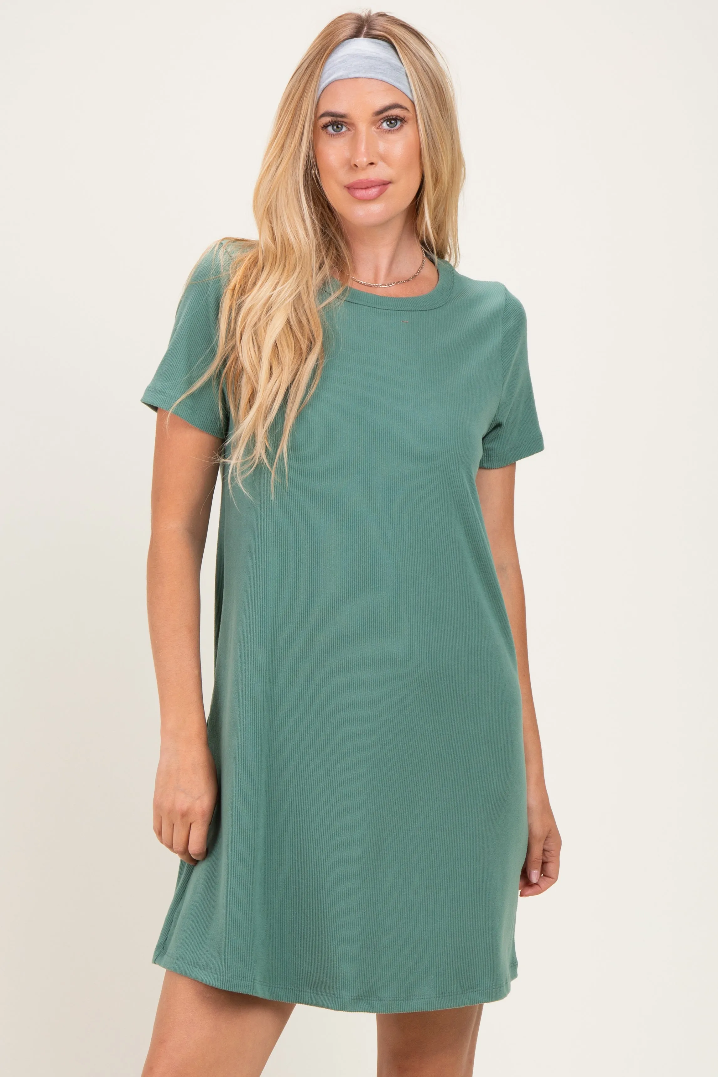 Olive Ribbed Knit Basic Short Sleeve T-Shirt Dress sold by Pinkblush product image thumbnail 2