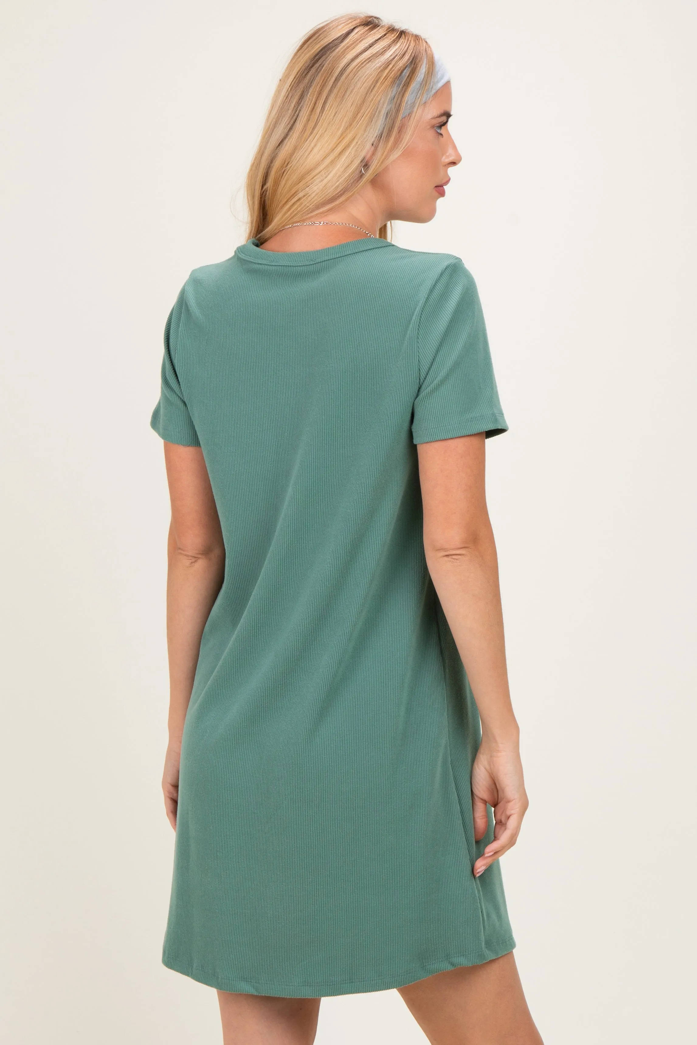 Olive Ribbed Knit Basic Short Sleeve T-Shirt Dress sold by Pinkblush product image thumbnail 4