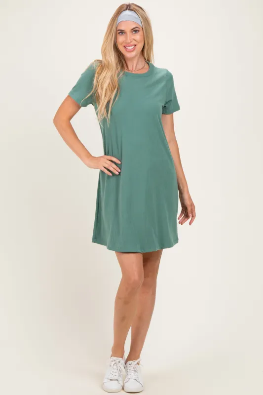 Olive Ribbed Knit Basic Short Sleeve T-Shirt Dress made by Pinkblush