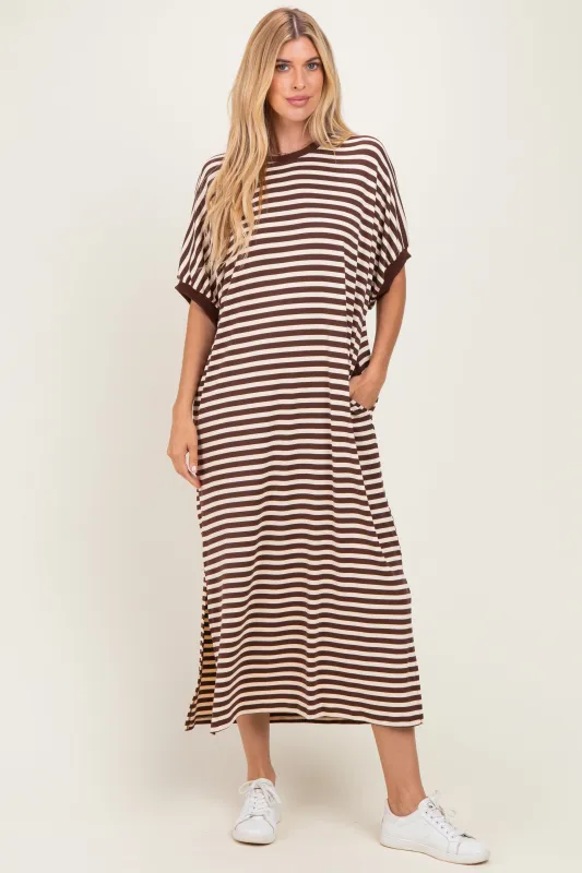 Brown Striped Short Sleeve Midi Dress made by entro