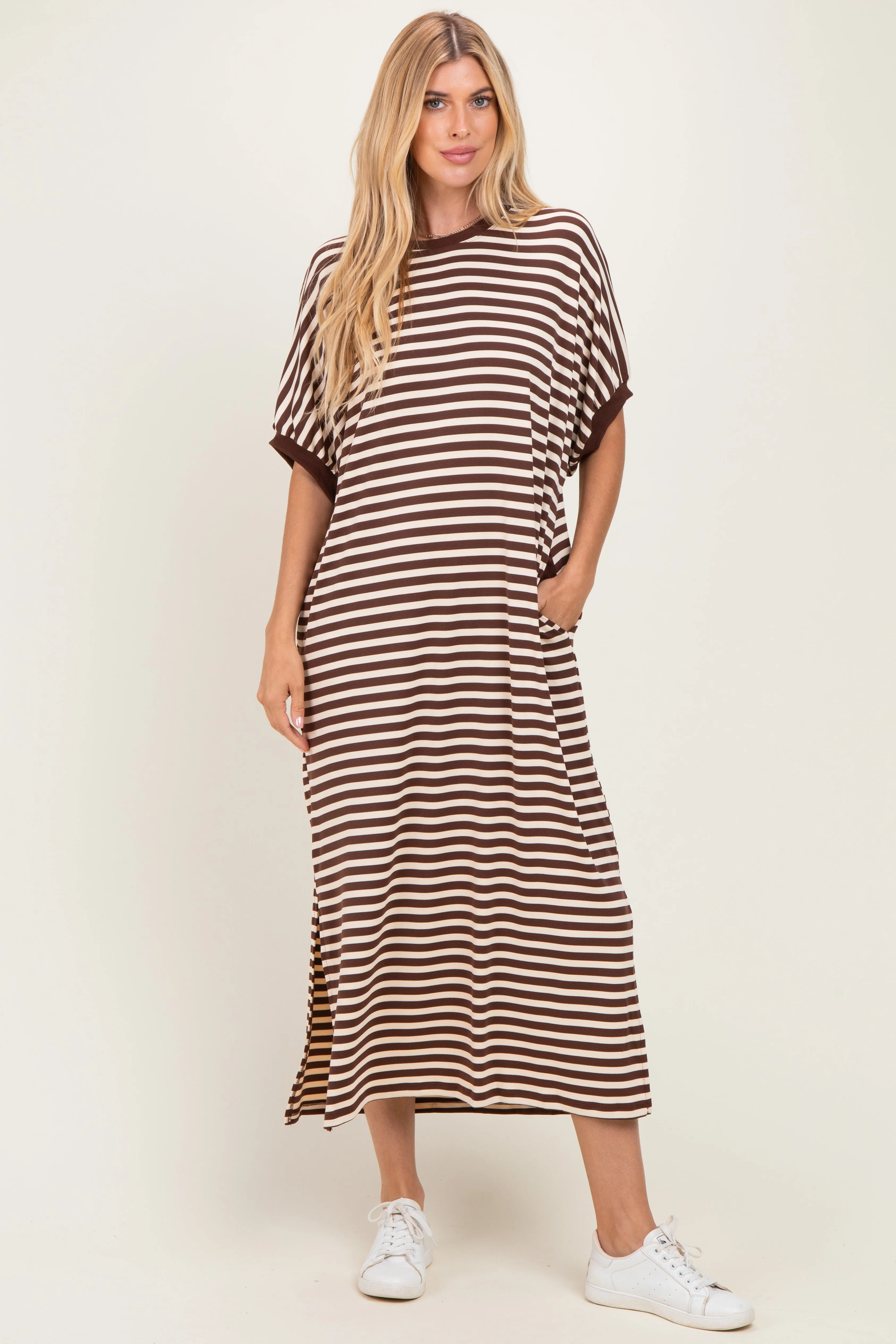 Brown Striped Short Sleeve Midi Dress sold by Pinkblush