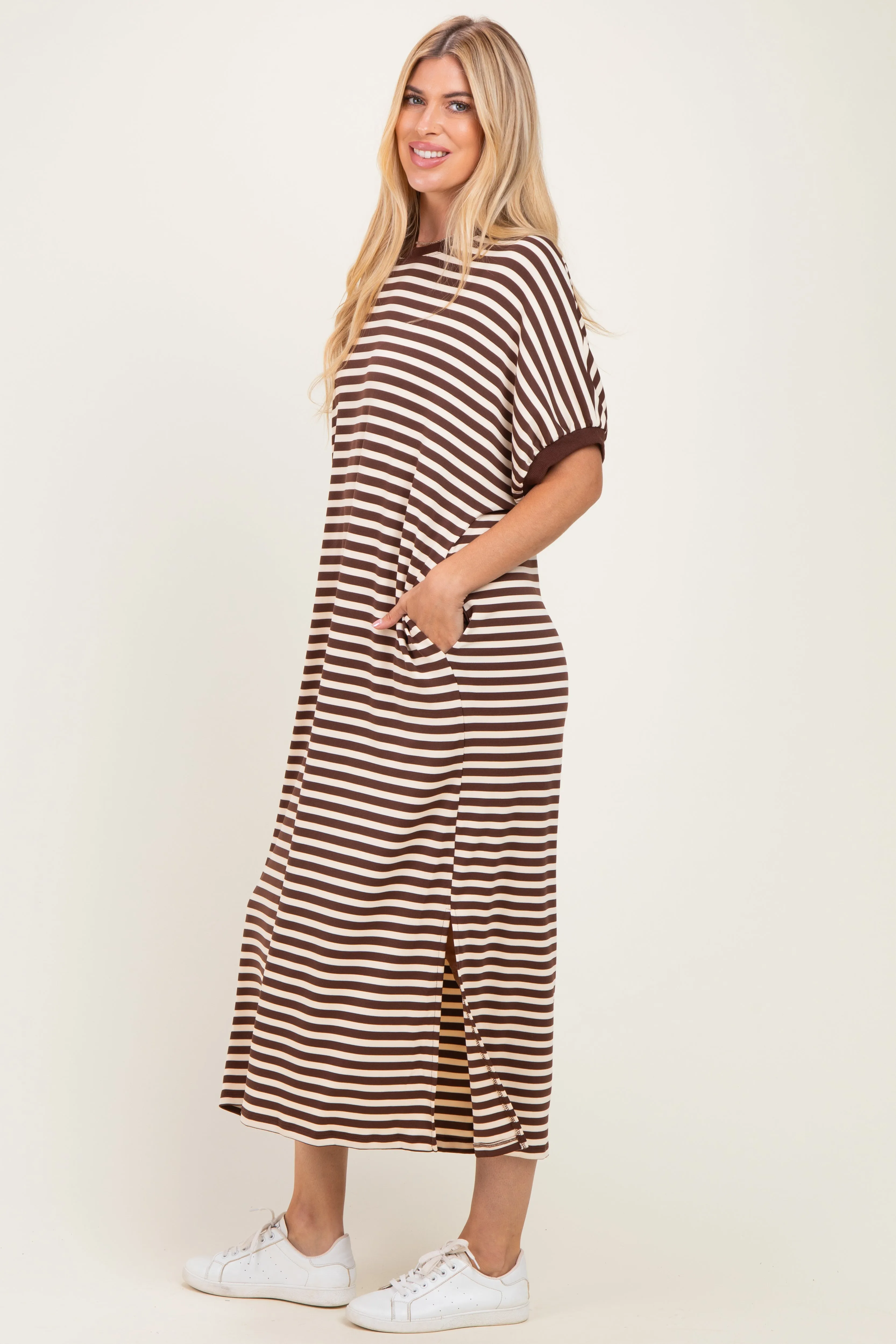 Brown Striped Short Sleeve Midi Dress sold by Pinkblush product image thumbnail 2