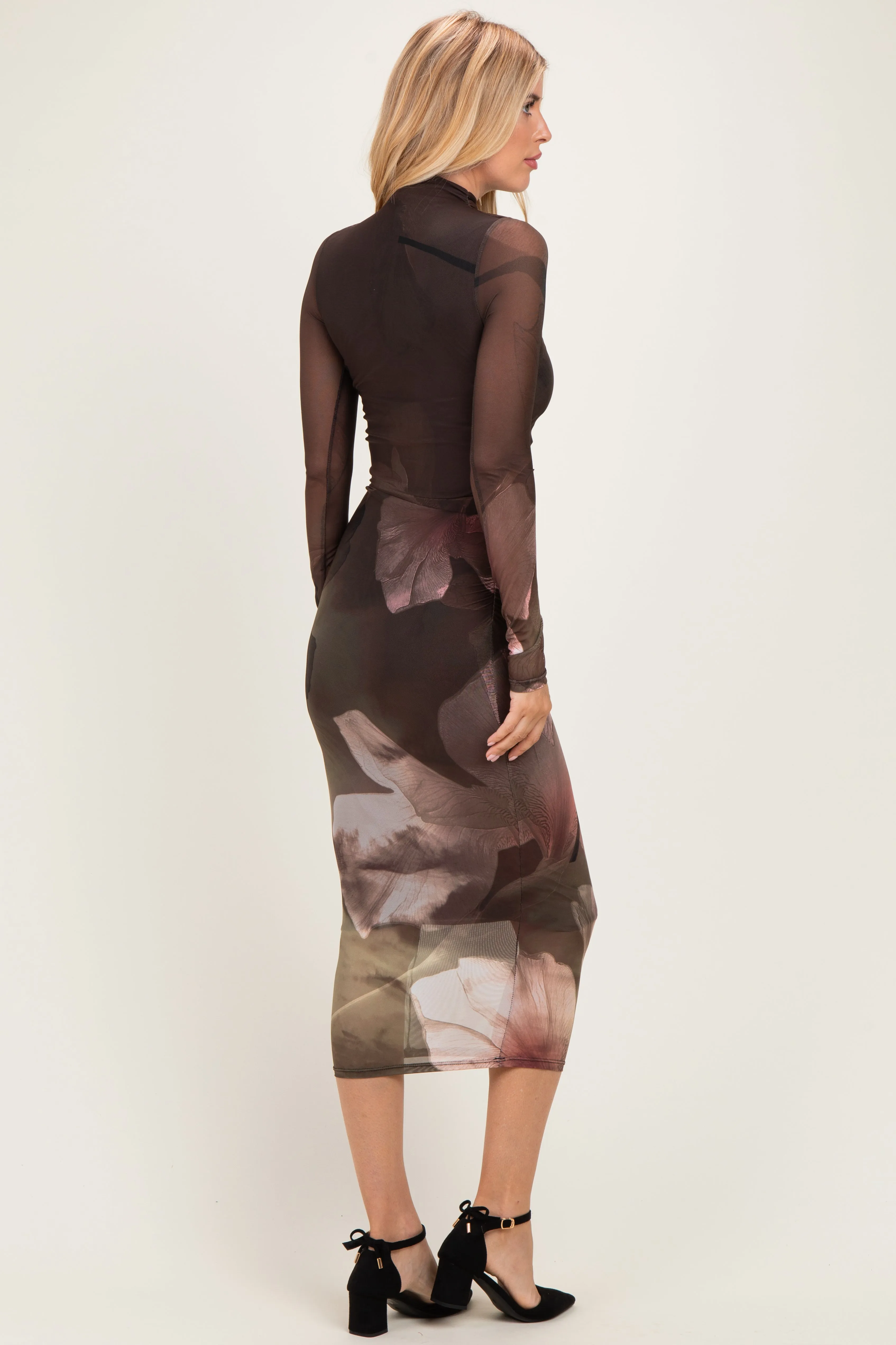 Olive Large Floral Print Mesh Long Sleeve Midi Dress sold by Pinkblush product image thumbnail 4