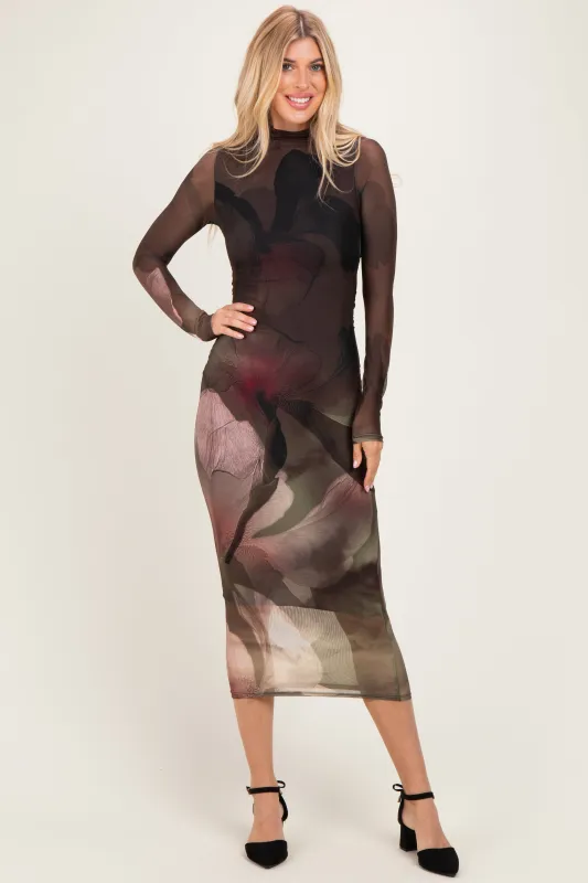 Olive Large Floral Print Mesh Long Sleeve Midi Dress made by Pinkblush