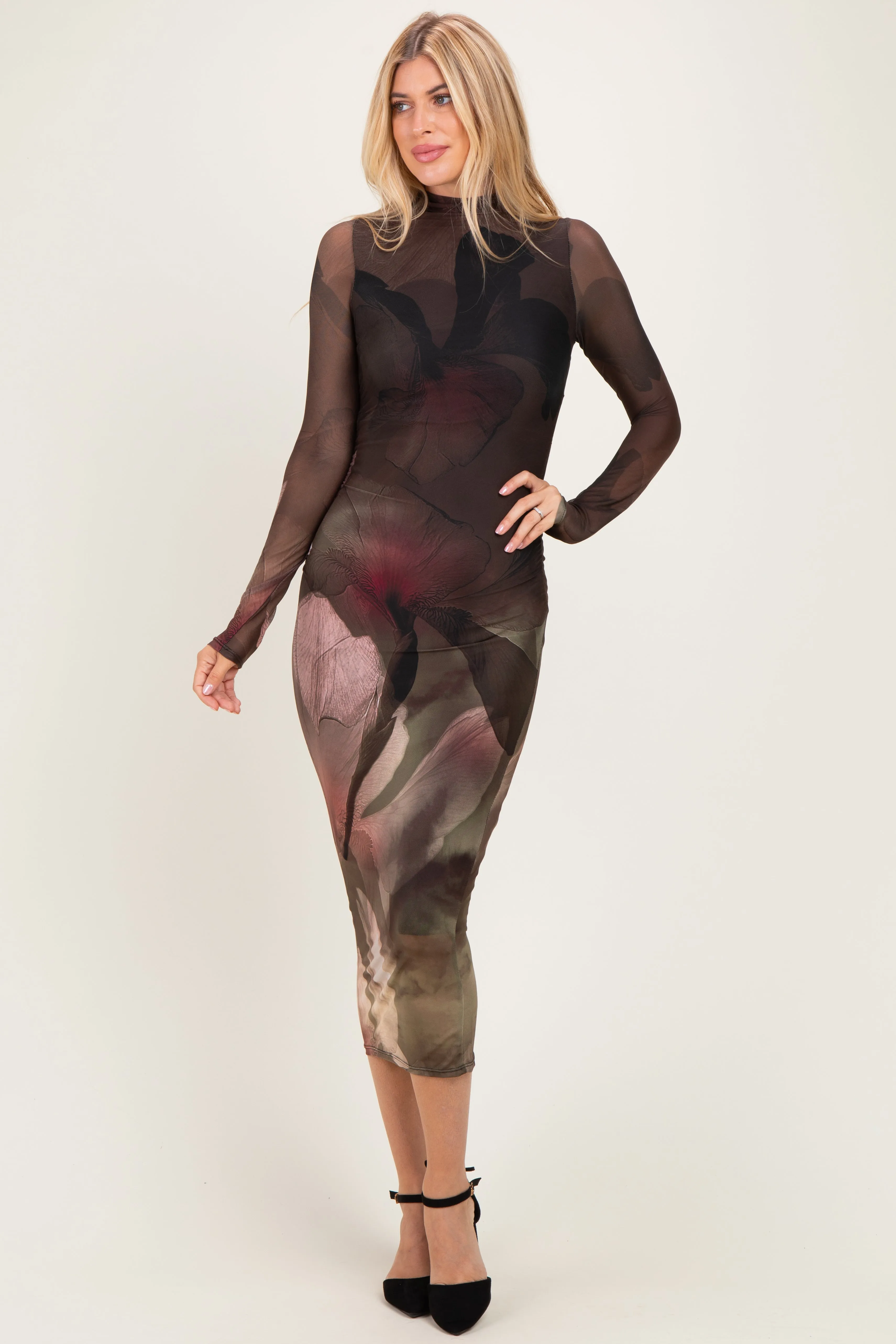 Olive Large Floral Print Mesh Long Sleeve Midi Dress sold by Pinkblush product image thumbnail 2