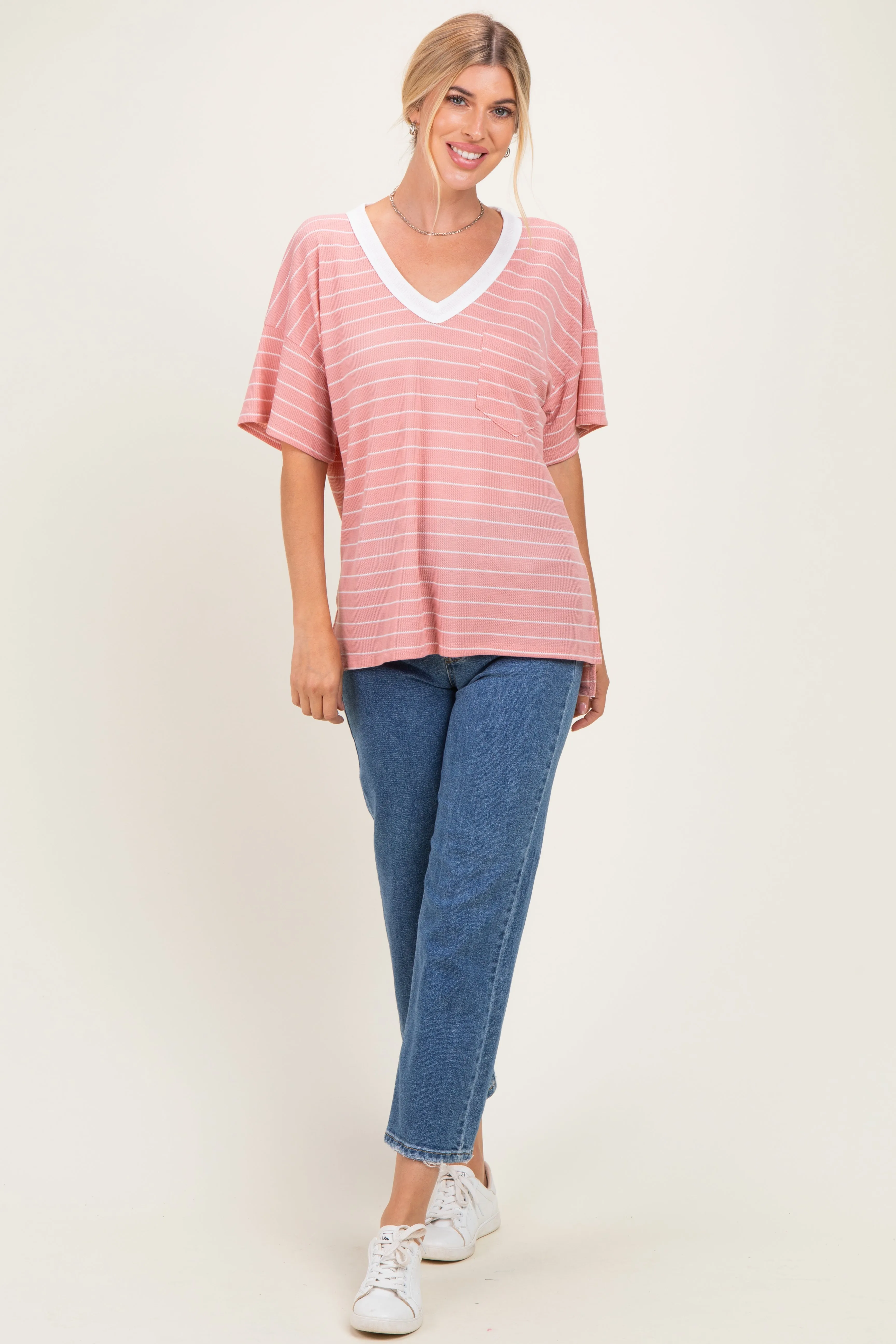 Coral Striped Short Sleeve V-Neck Top sold by Pinkblush product image thumbnail 2