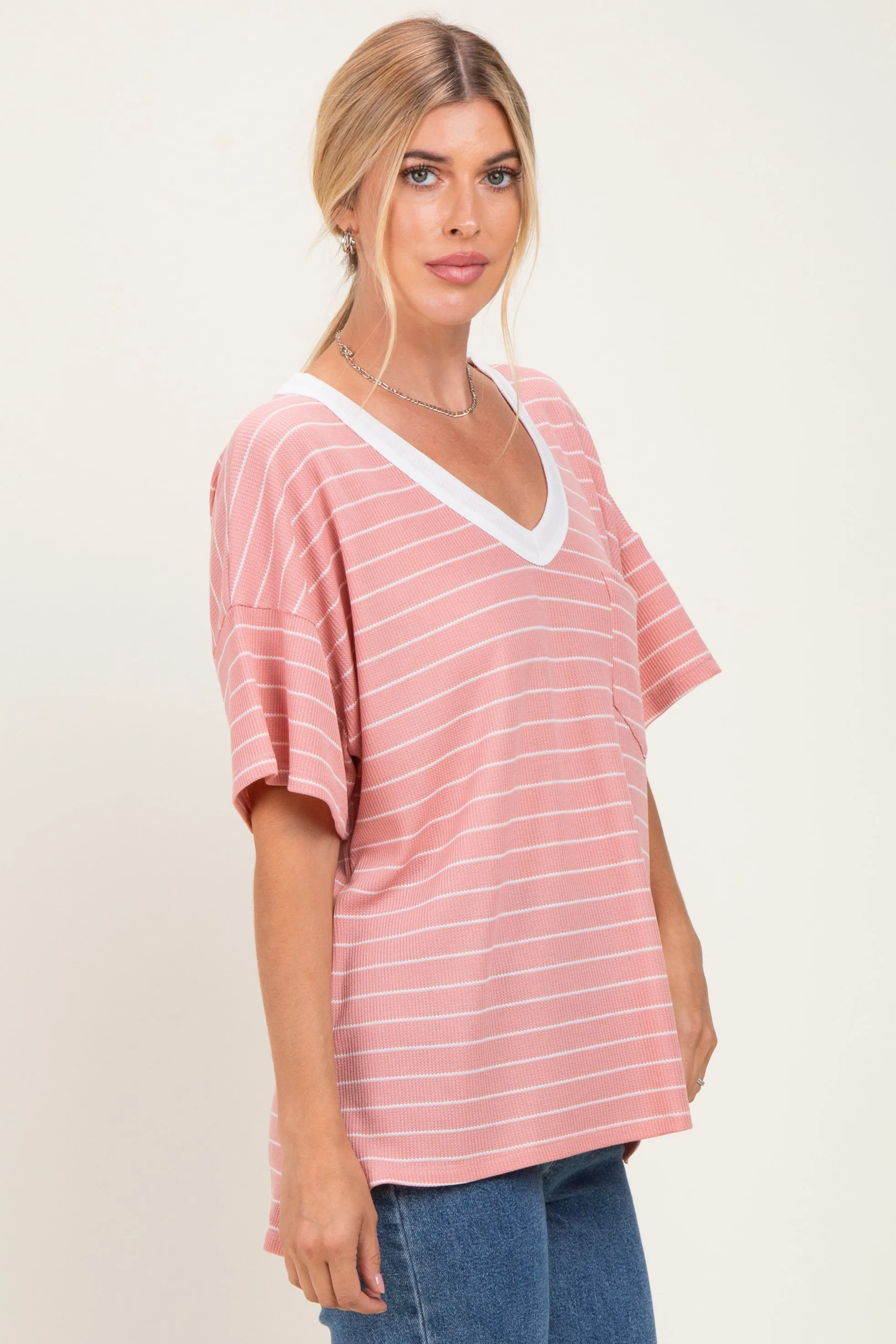 Coral Striped Short Sleeve V-Neck Top sold by Pinkblush product image thumbnail 3
