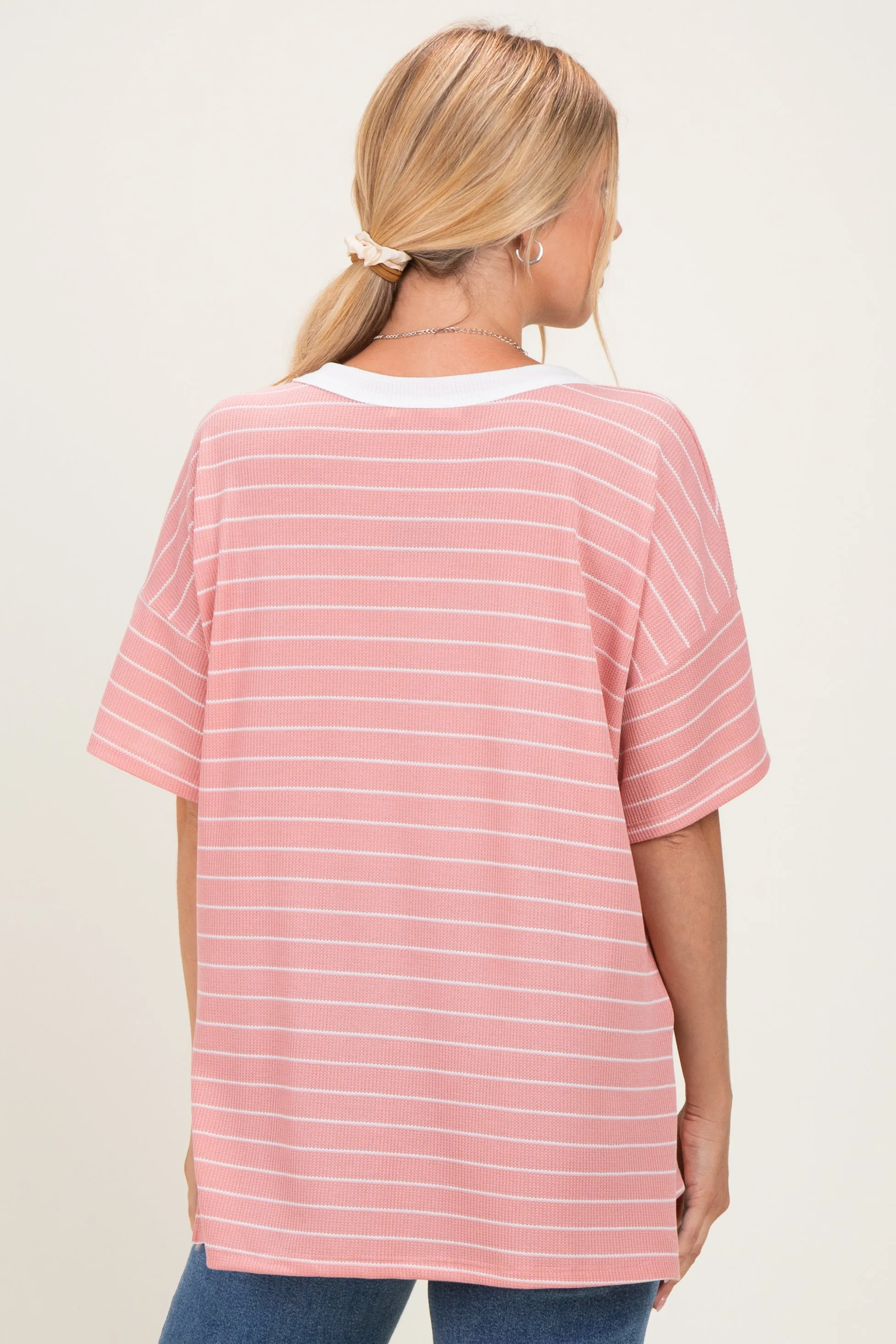 Coral Striped Short Sleeve V-Neck Top sold by Pinkblush product image thumbnail 4