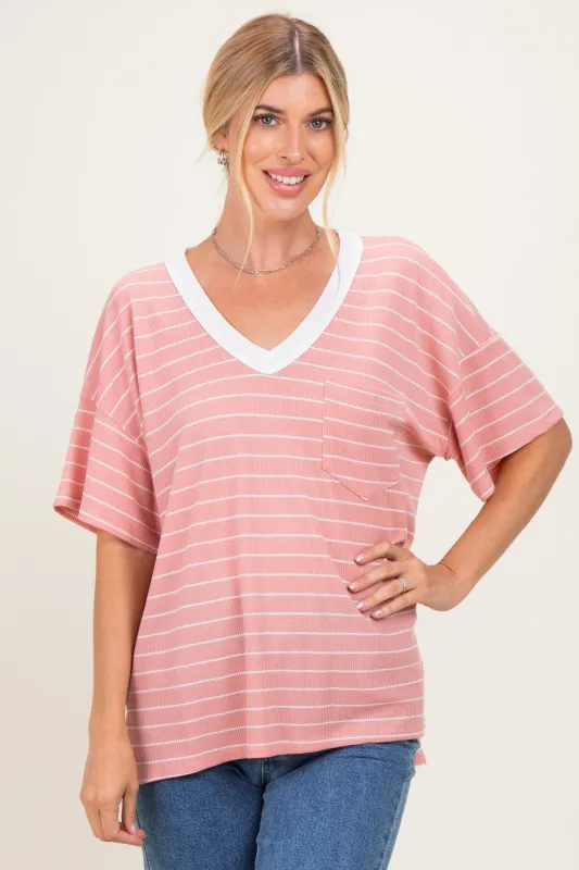Coral Striped Short Sleeve V-Neck Top made by Pinkblush