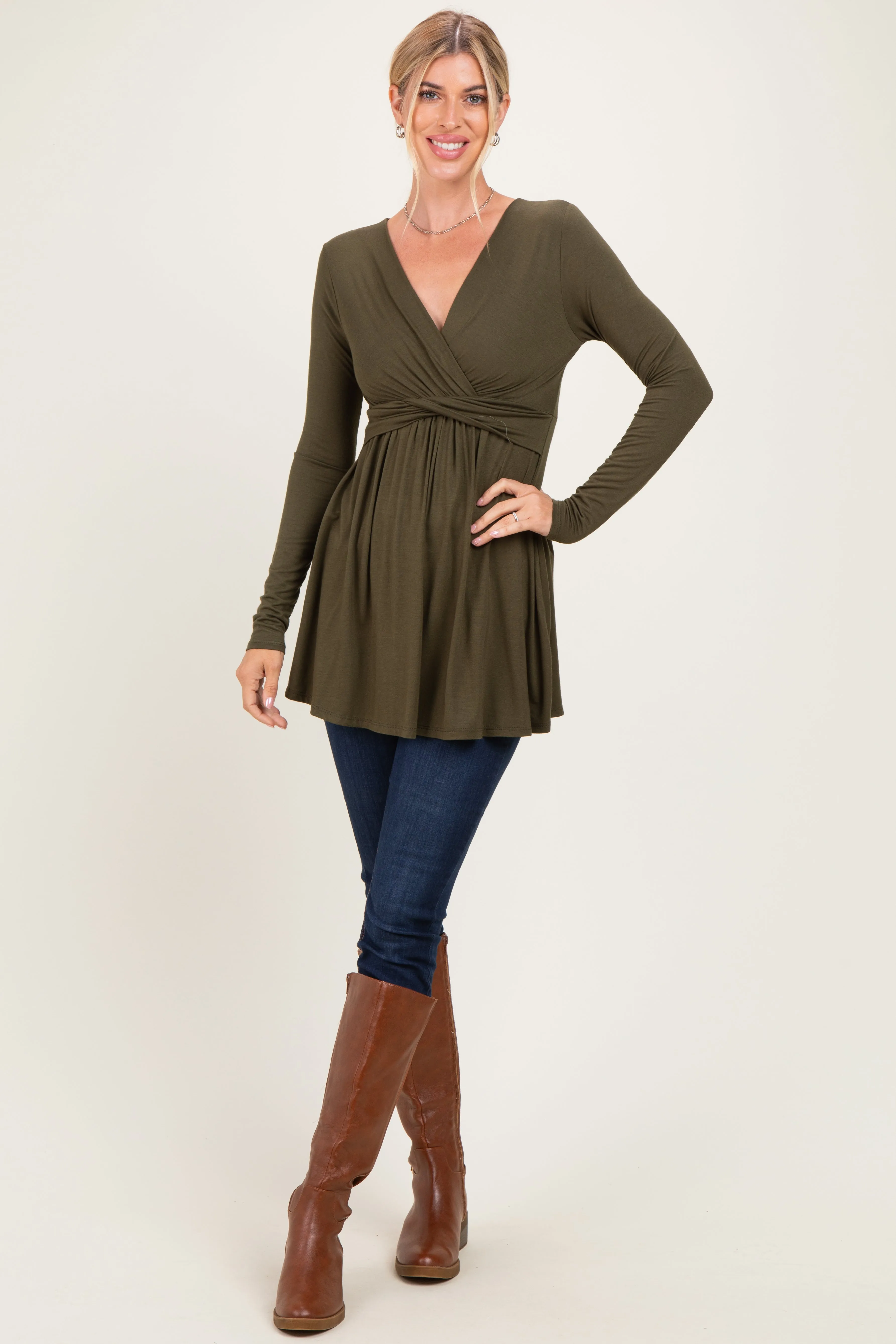 PinkBlush Olive Long Sleeve Draped Front Nursing Top sold by Pinkblush product image thumbnail 2
