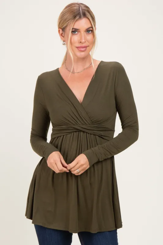 PinkBlush Olive Long Sleeve Draped Front Nursing Top made by Pinkblush