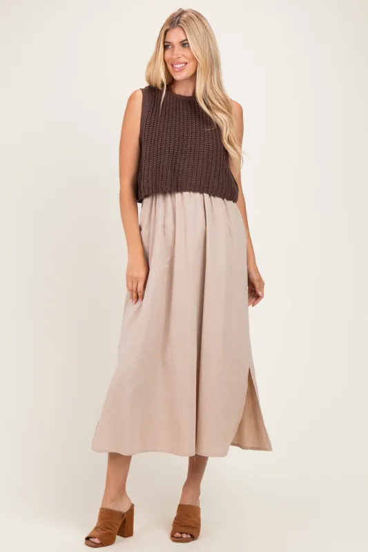 Brown/ Mocha Sleeveless Sweater Top Colorblock Midi Dress made by In February