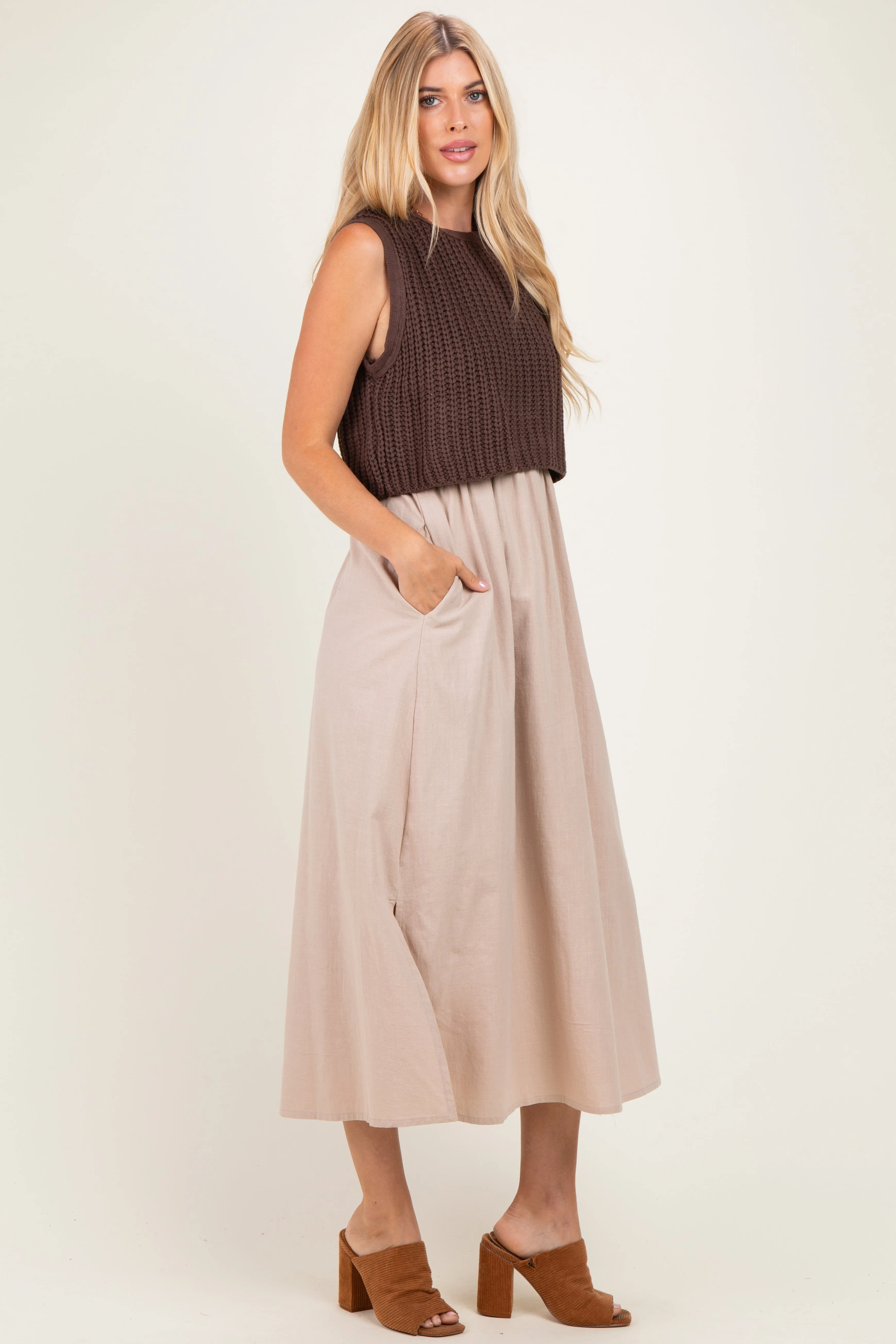 Brown/ Mocha Sleeveless Sweater Top Colorblock Midi Dress sold by Pinkblush product image thumbnail 2