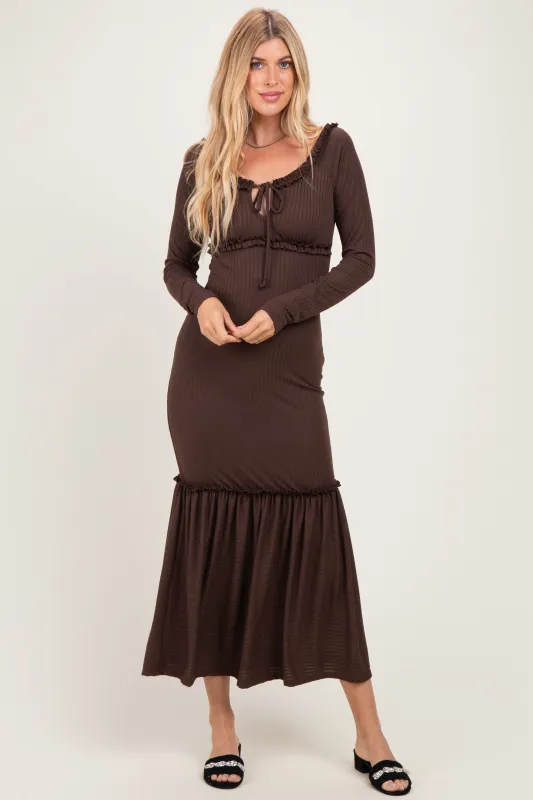 Brown Ribbed Long Sleeve Ruffle Trim Off Shoulder Maxi Dress made by Pinkblush