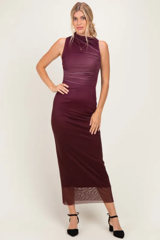 Burgundy Ombre Mesh Ruched Sleeveless Midi Dress made by Fore Collection