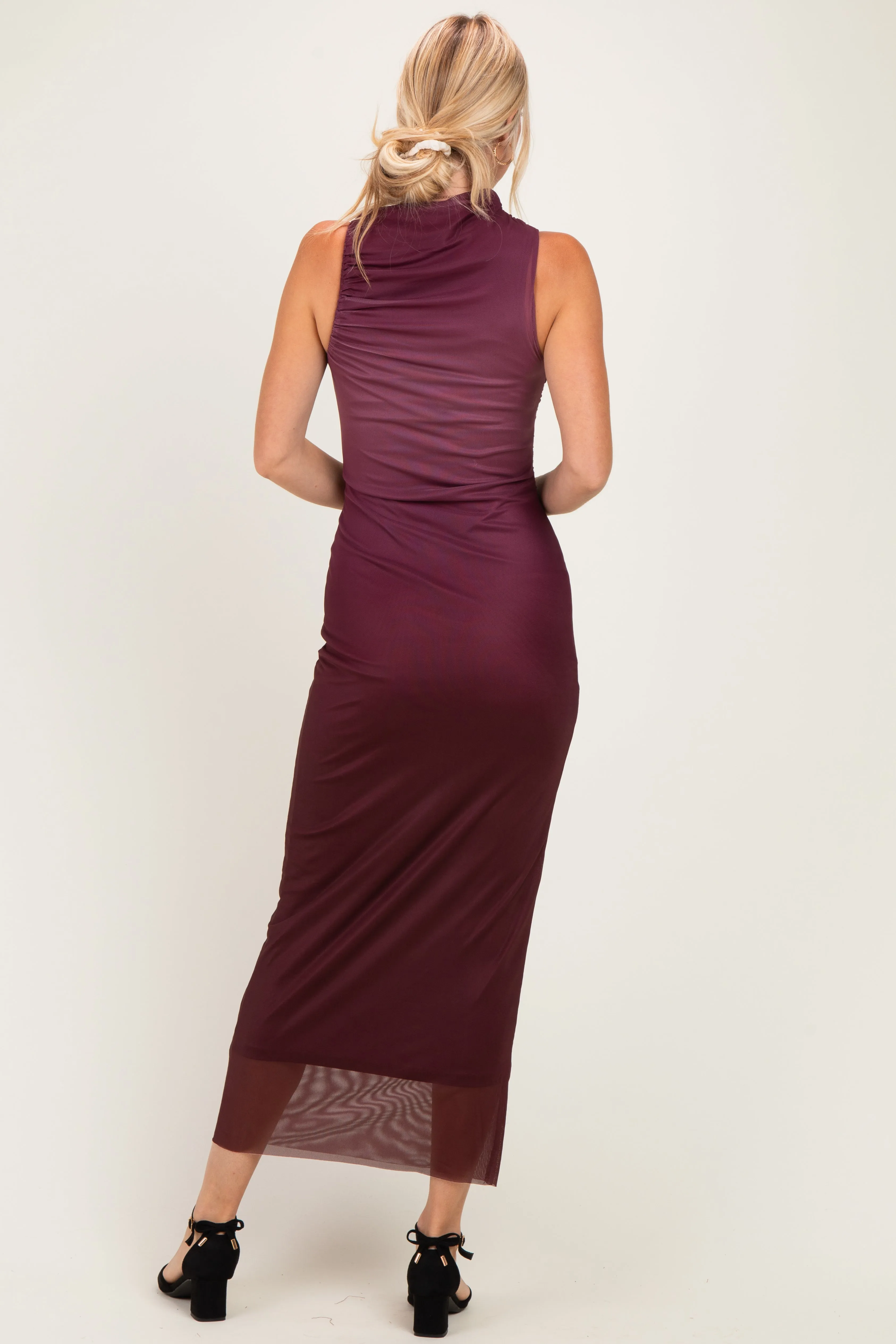 Burgundy Ombre Mesh Ruched Sleeveless Midi Dress sold by Pinkblush product image thumbnail 3