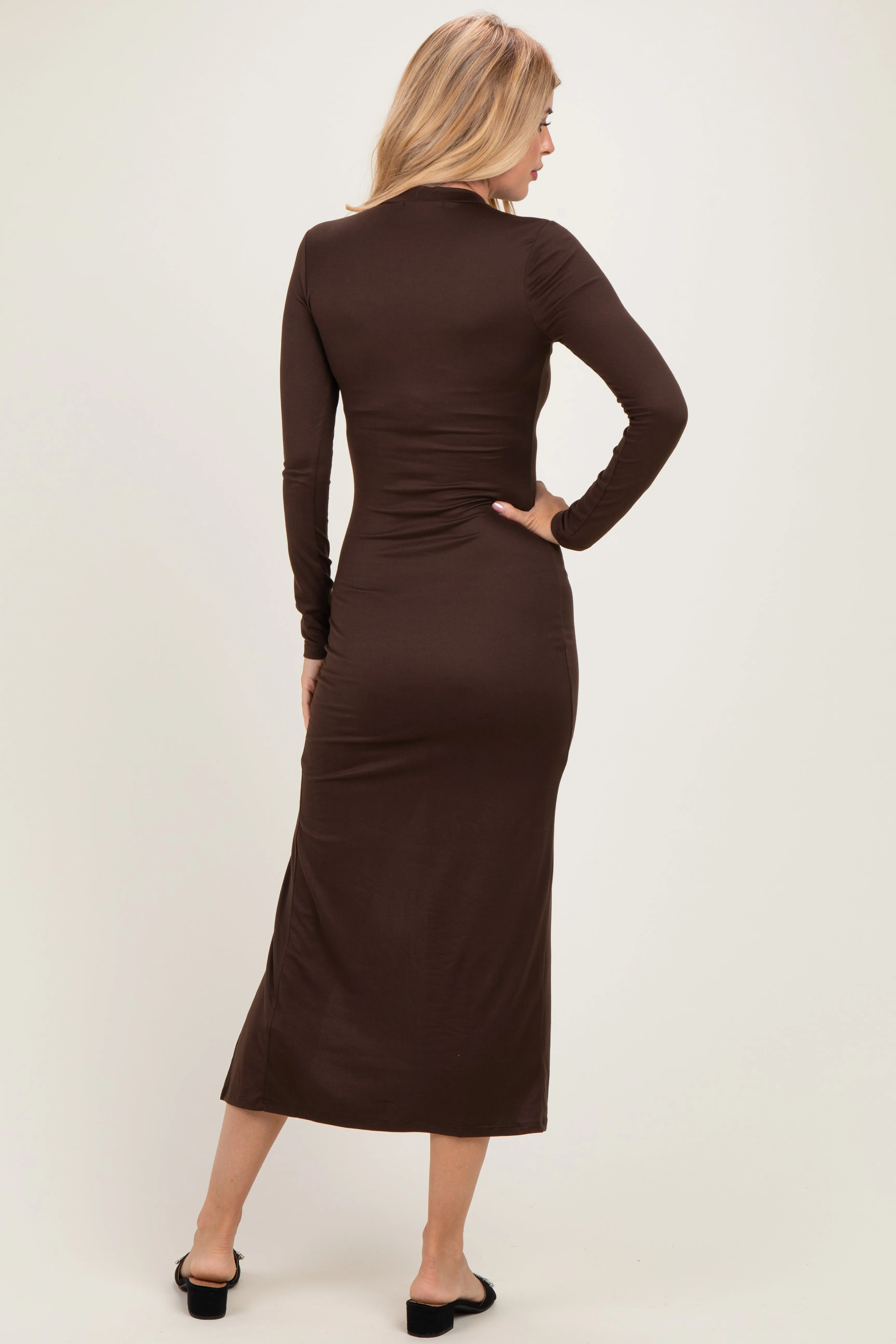 Brown Mock Neck Front Slit Long Sleeve Maxi Dress sold by Pinkblush product image thumbnail 3
