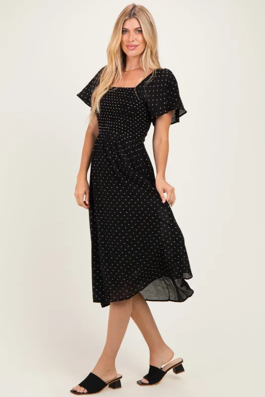 Black Polka Dot Smocked Midi Dress made by Pinkblush