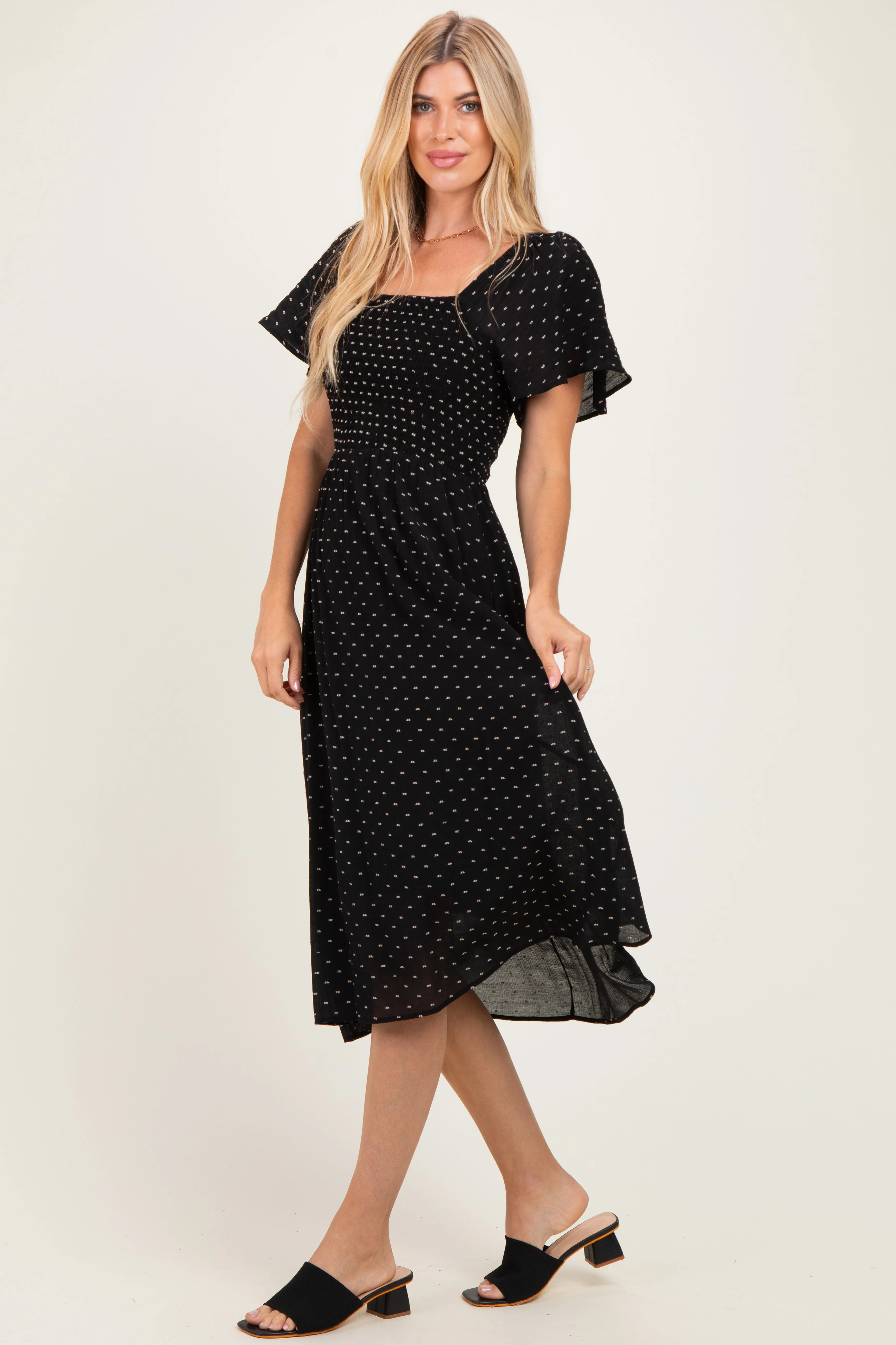 Black Polka Dot Smocked Midi Dress sold by Pinkblush