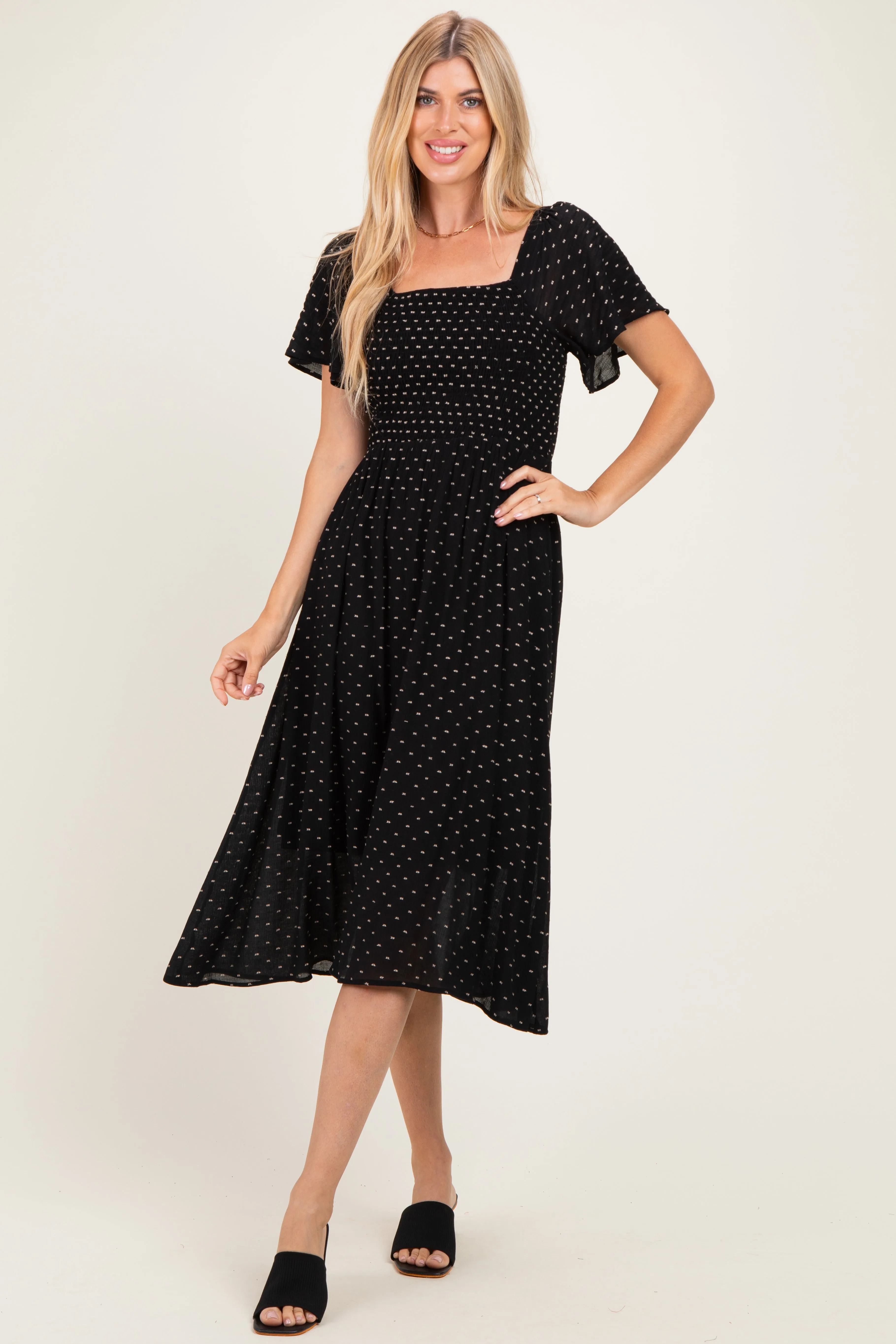 Black Polka Dot Smocked Midi Dress sold by Pinkblush product image thumbnail 2
