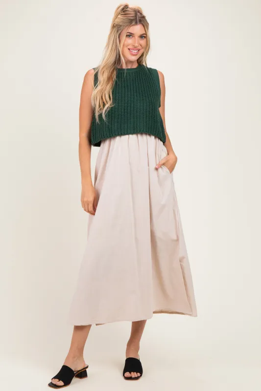 Forest Green/ Taupe Sleeveless Sweater Top Colorblock Midi Dress made by In February