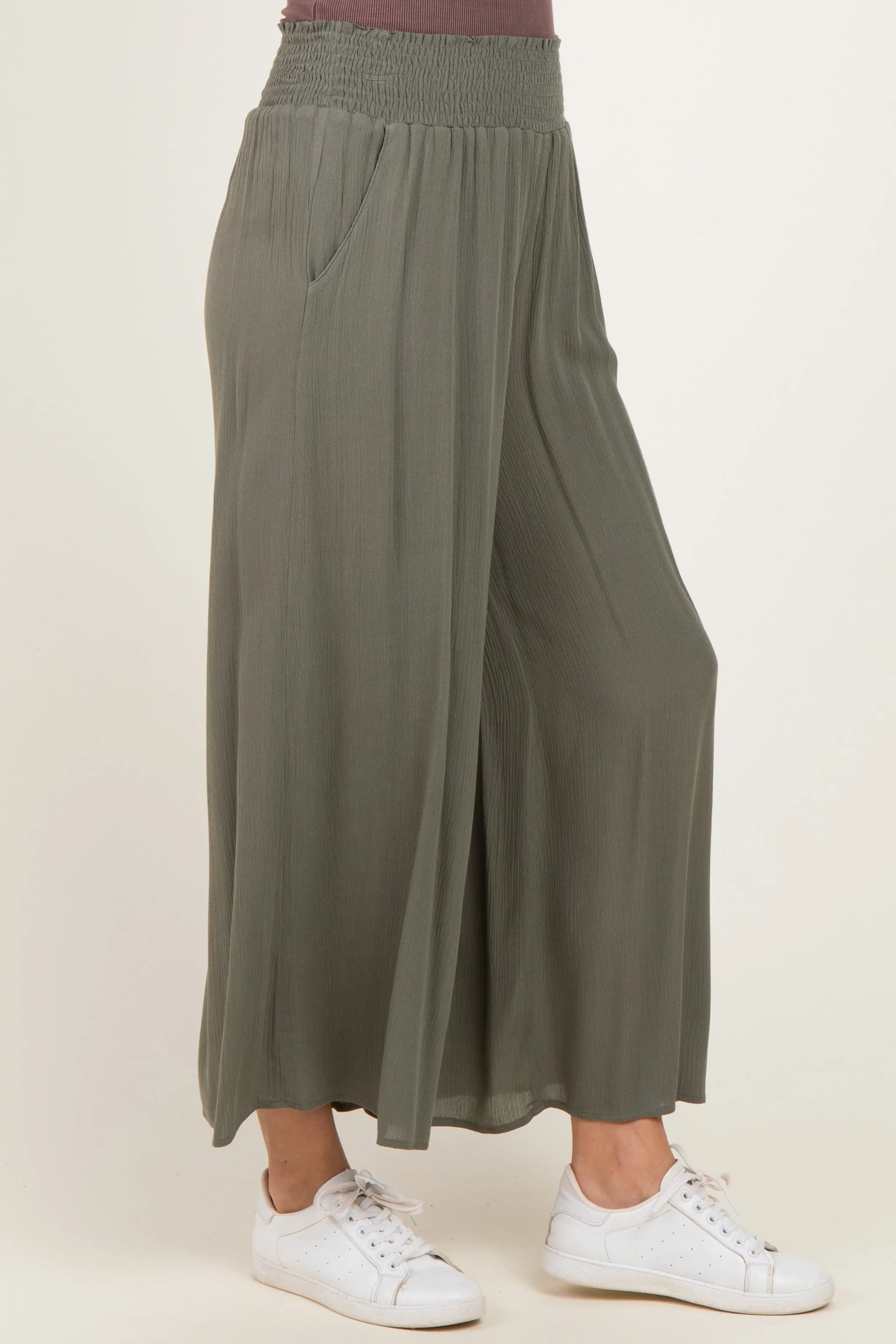 Olive Smocked Waist Ankle Wide Leg Pants sold by Pinkblush product image thumbnail 3