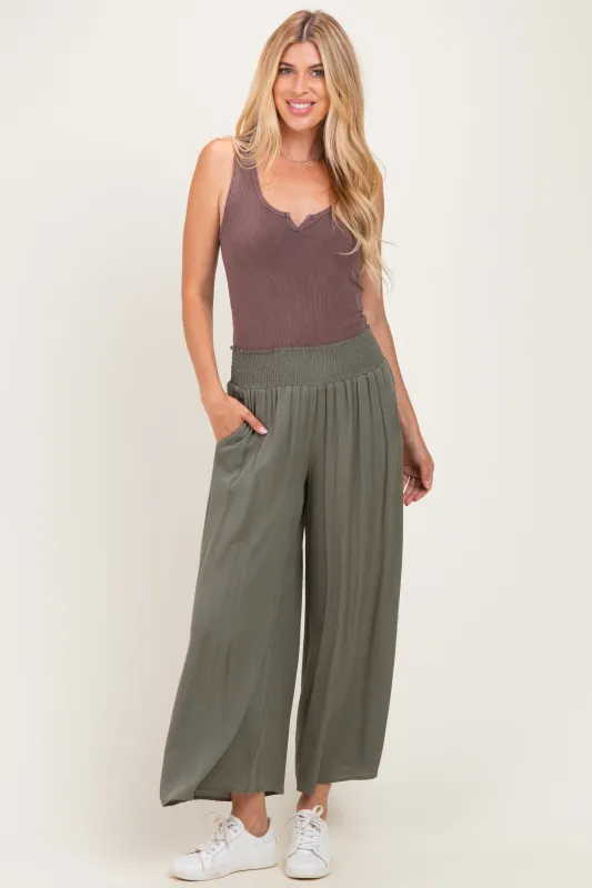 Olive Smocked Waist Ankle Wide Leg Pants made by Final Touch