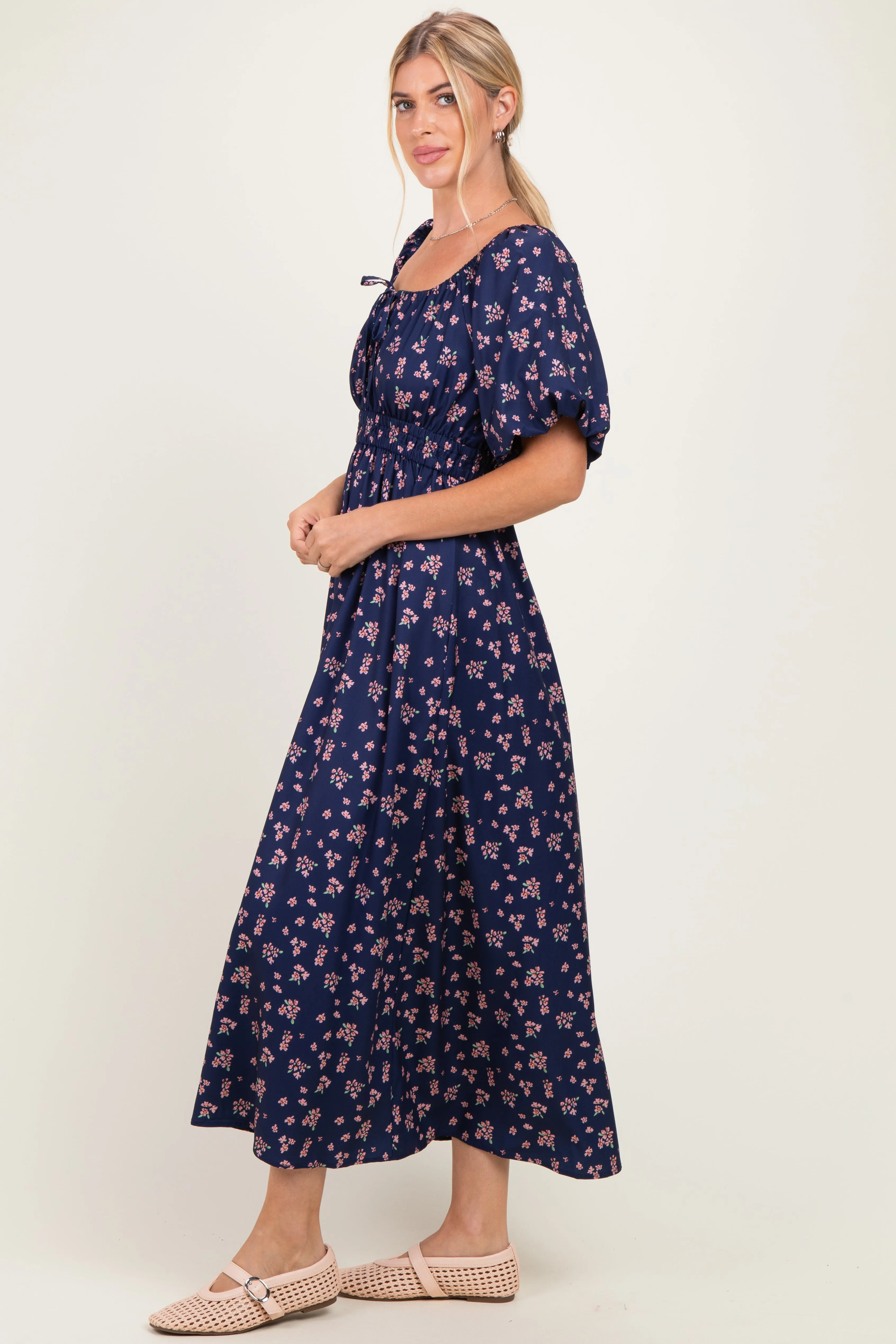 Navy Floral Puff Sleeve Tie Front Midi Dress sold by Pinkblush product image thumbnail 2