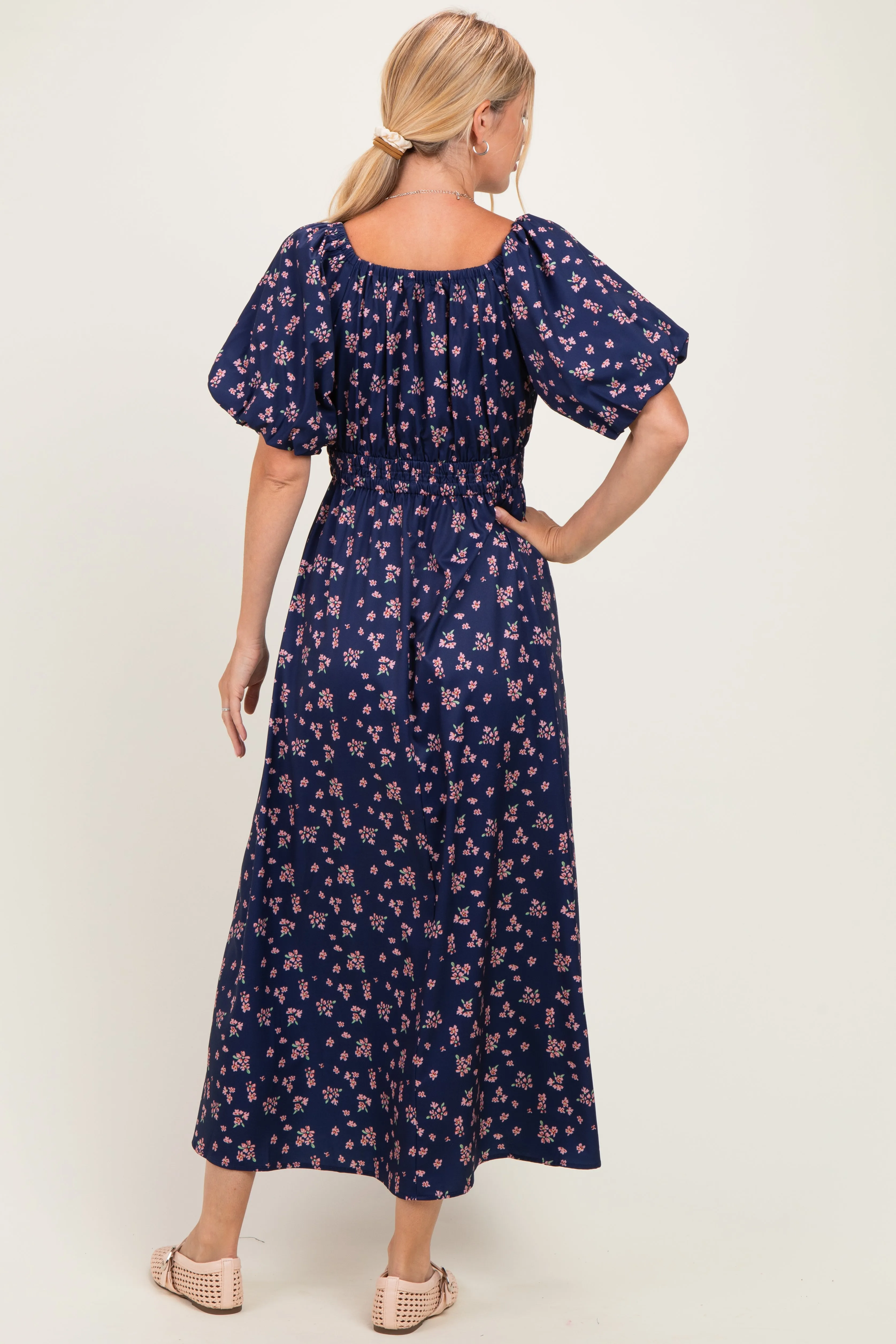 Navy Floral Puff Sleeve Tie Front Midi Dress sold by Pinkblush product image thumbnail 3