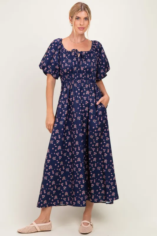 Navy Floral Puff Sleeve Tie Front Midi Dress made by Wishlist
