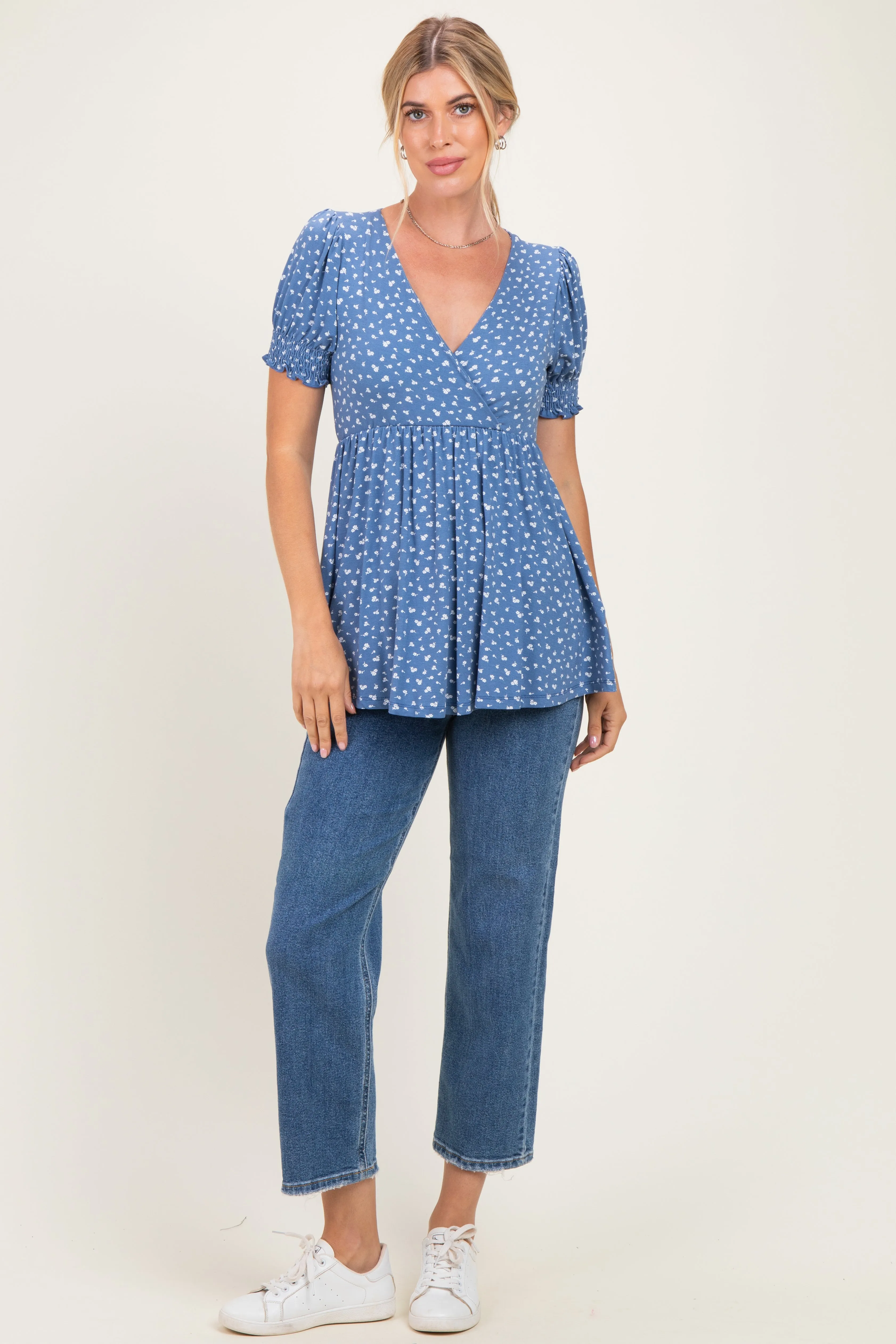 Blue Ditsy Floral Smocked Sleeve Wrap Top sold by Pinkblush product image thumbnail 2