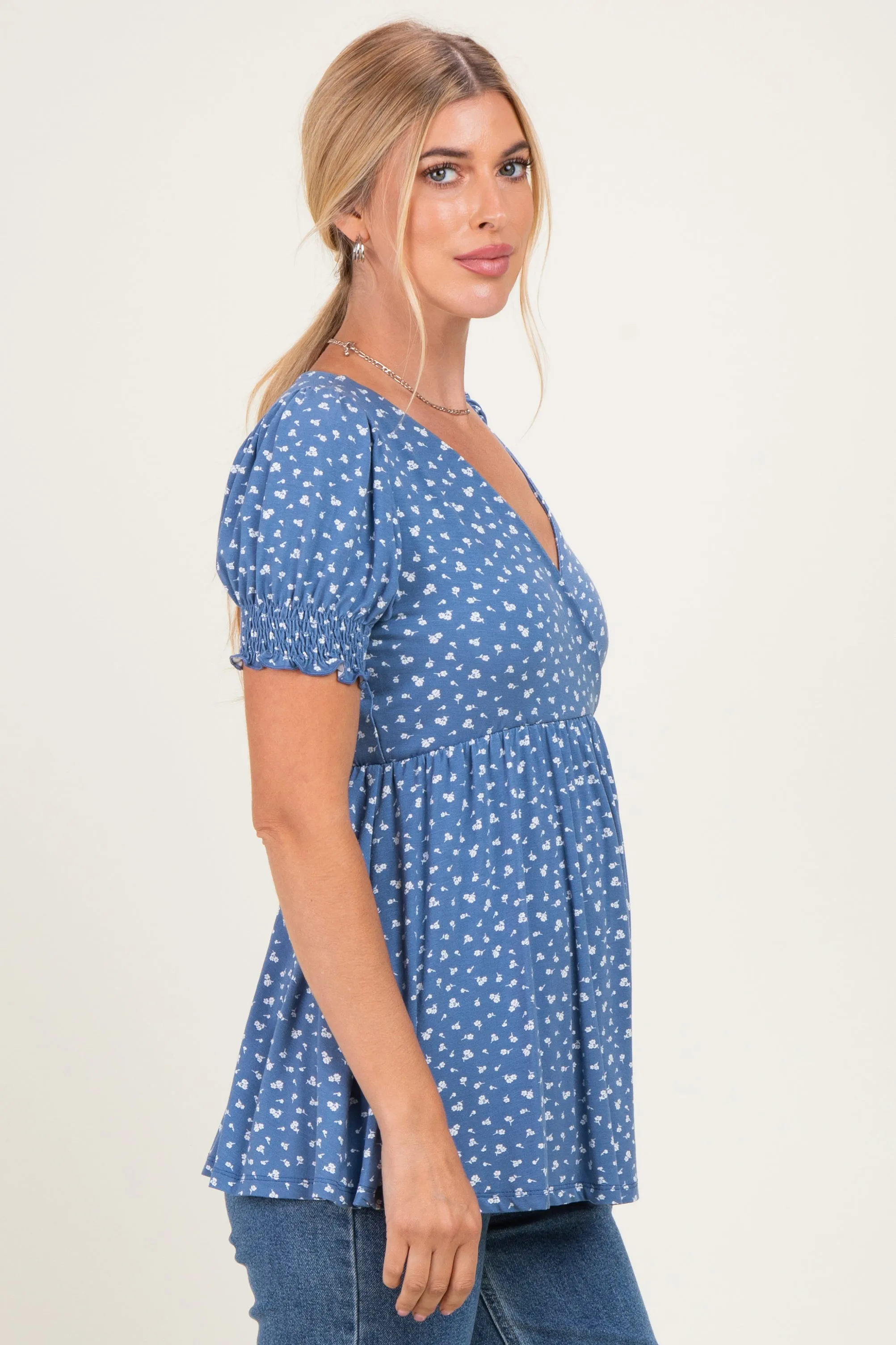 Blue Ditsy Floral Smocked Sleeve Wrap Top sold by Pinkblush product image thumbnail 3