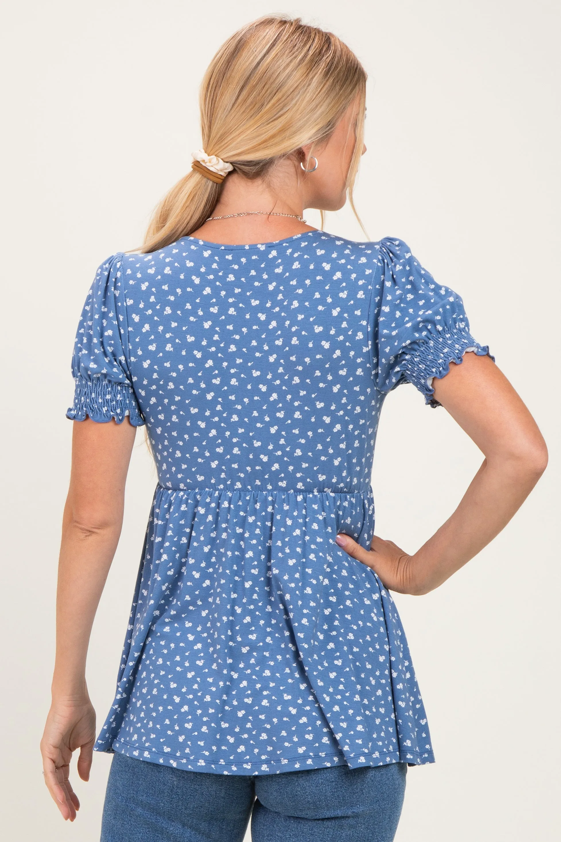 Blue Ditsy Floral Smocked Sleeve Wrap Top sold by Pinkblush product image thumbnail 4