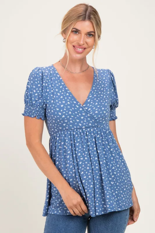 Blue Ditsy Floral Smocked Sleeve Wrap Top made by Pinkblush