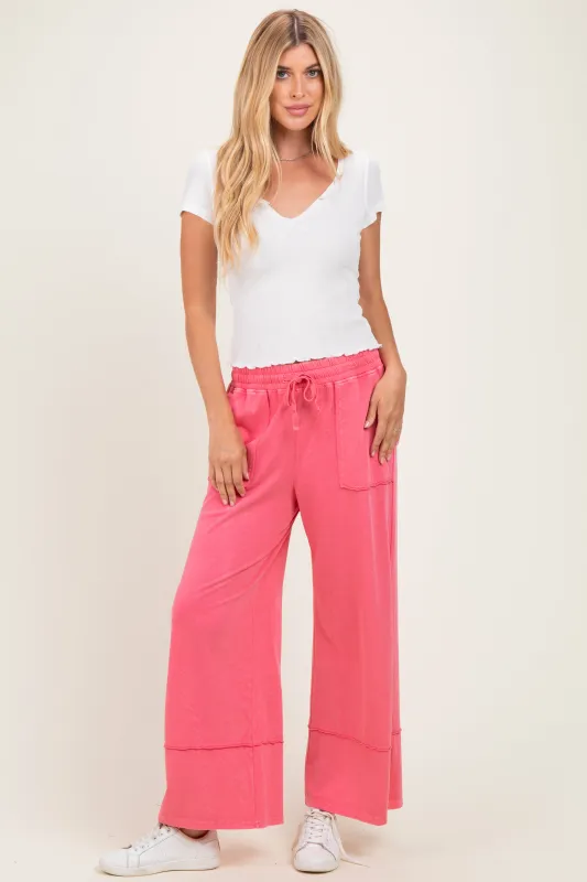 Hot Pink Mineral Wash Wide Leg Ankle Pants made by Rae Mode