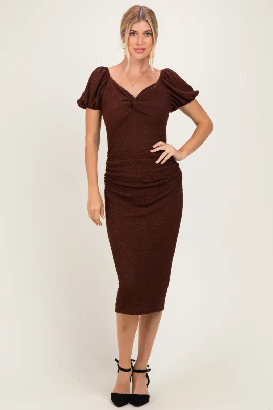 Brown Knit Twisted Bust Short Sleeve Midi Dress made by Pinkblush