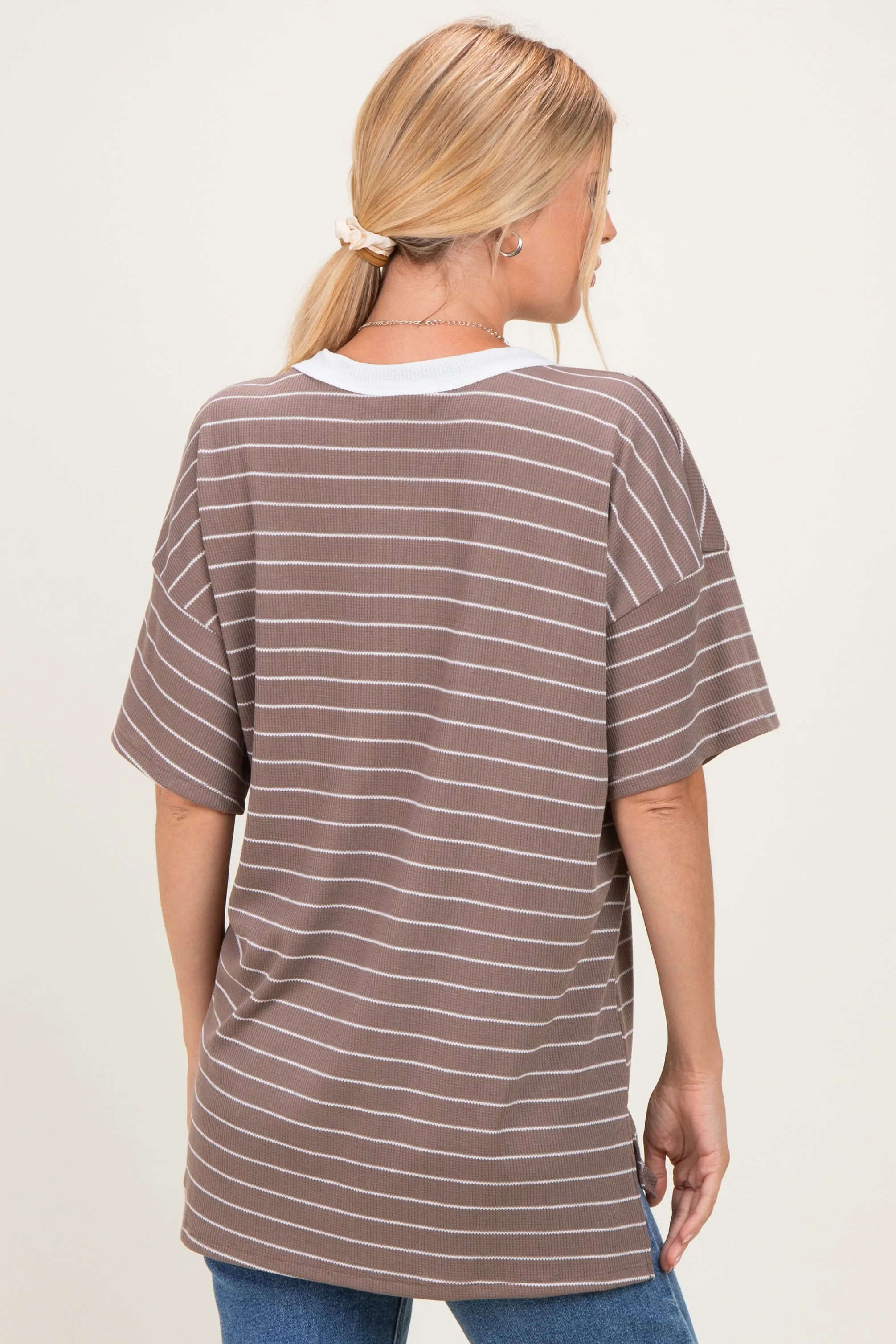Taupe Striped Short Sleeve V-Neck Top sold by Pinkblush product image thumbnail 4