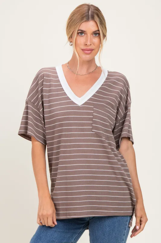 Taupe Striped Short Sleeve V-Neck Top made by Pinkblush