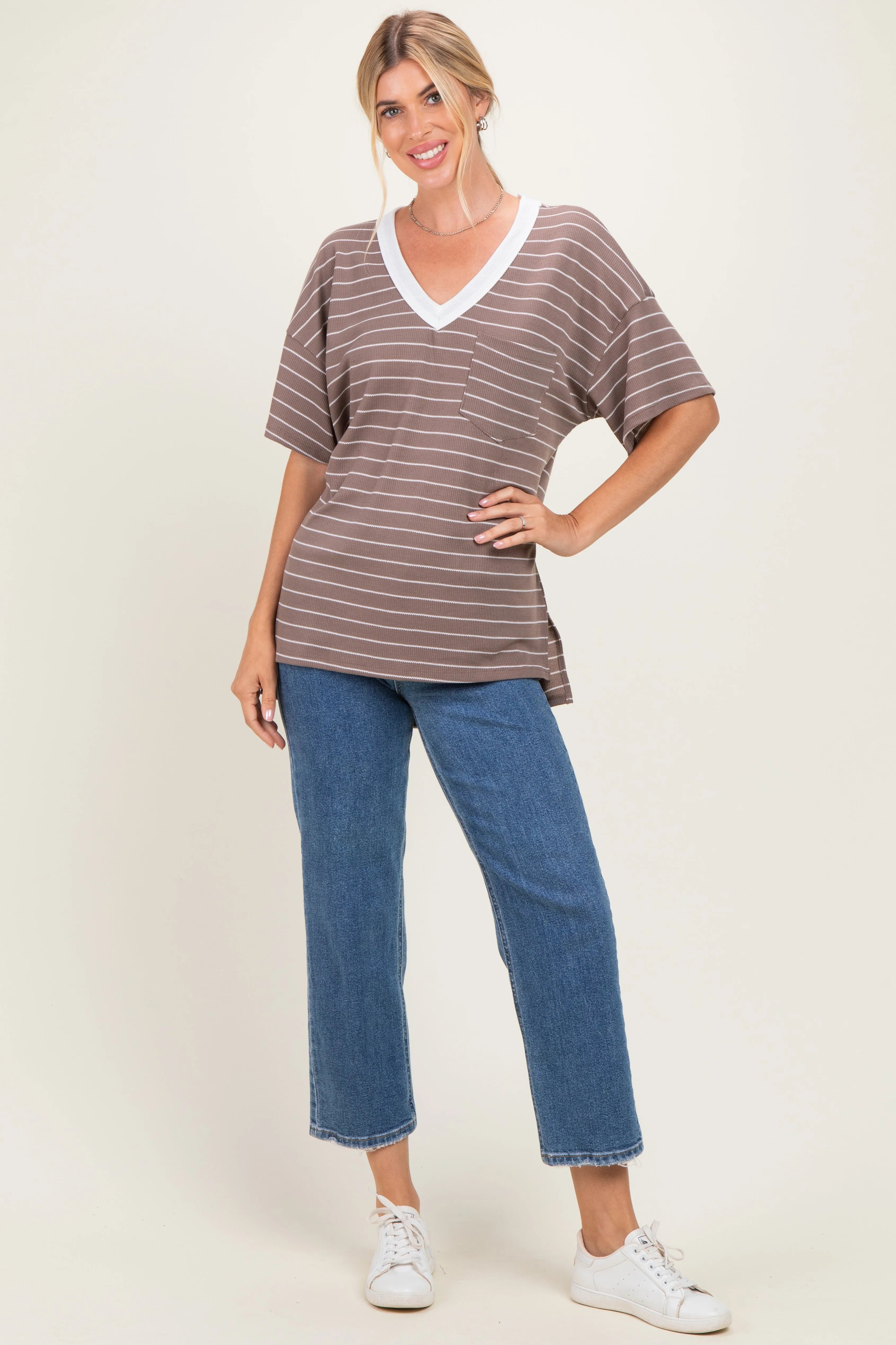 Taupe Striped Short Sleeve V-Neck Top sold by Pinkblush product image thumbnail 2