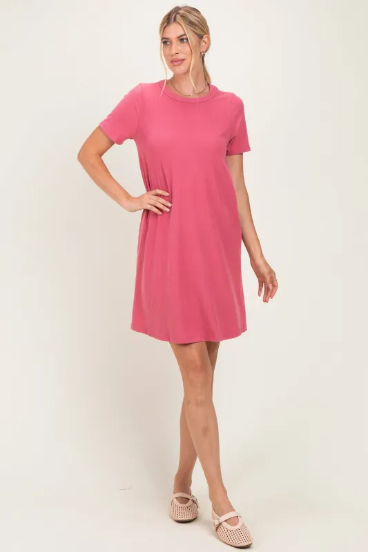 Pink Ribbed Knit Basic Short Sleeve T-Shirt Dress made by Pinkblush