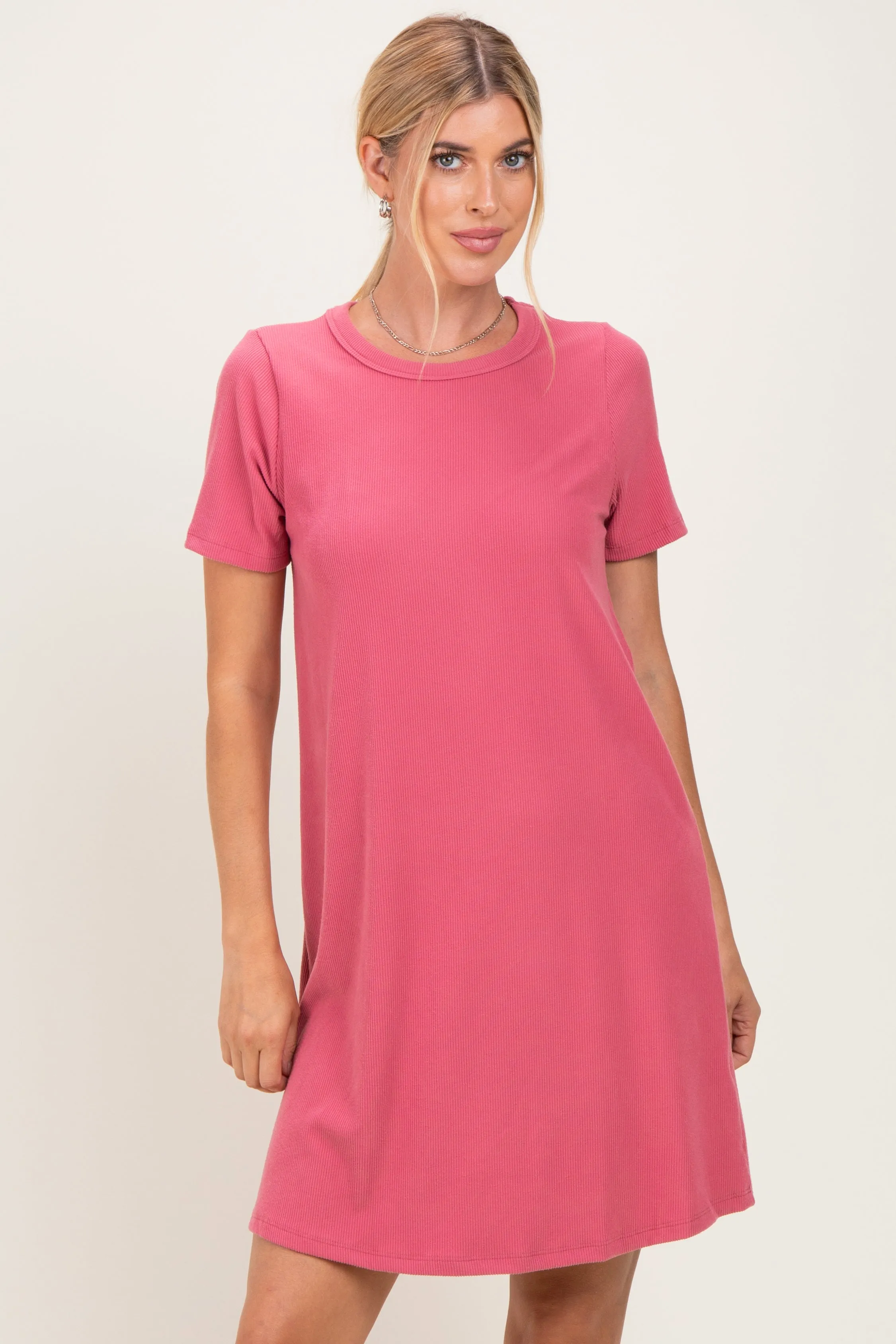 Pink Ribbed Knit Basic Short Sleeve T-Shirt Dress sold by Pinkblush product image thumbnail 2