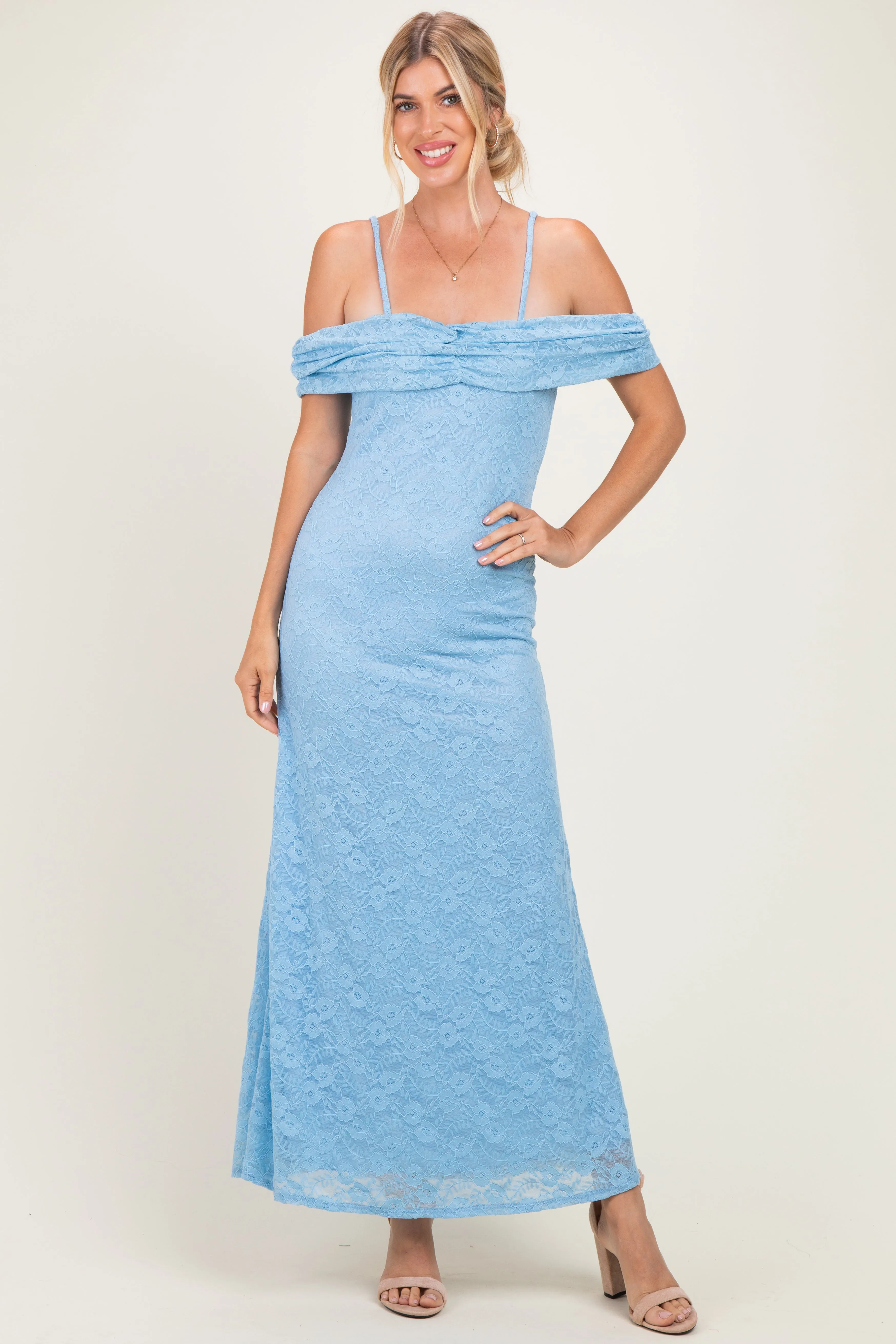 Light Blue Lace Off Shoulder Maxi Dress sold by Pinkblush