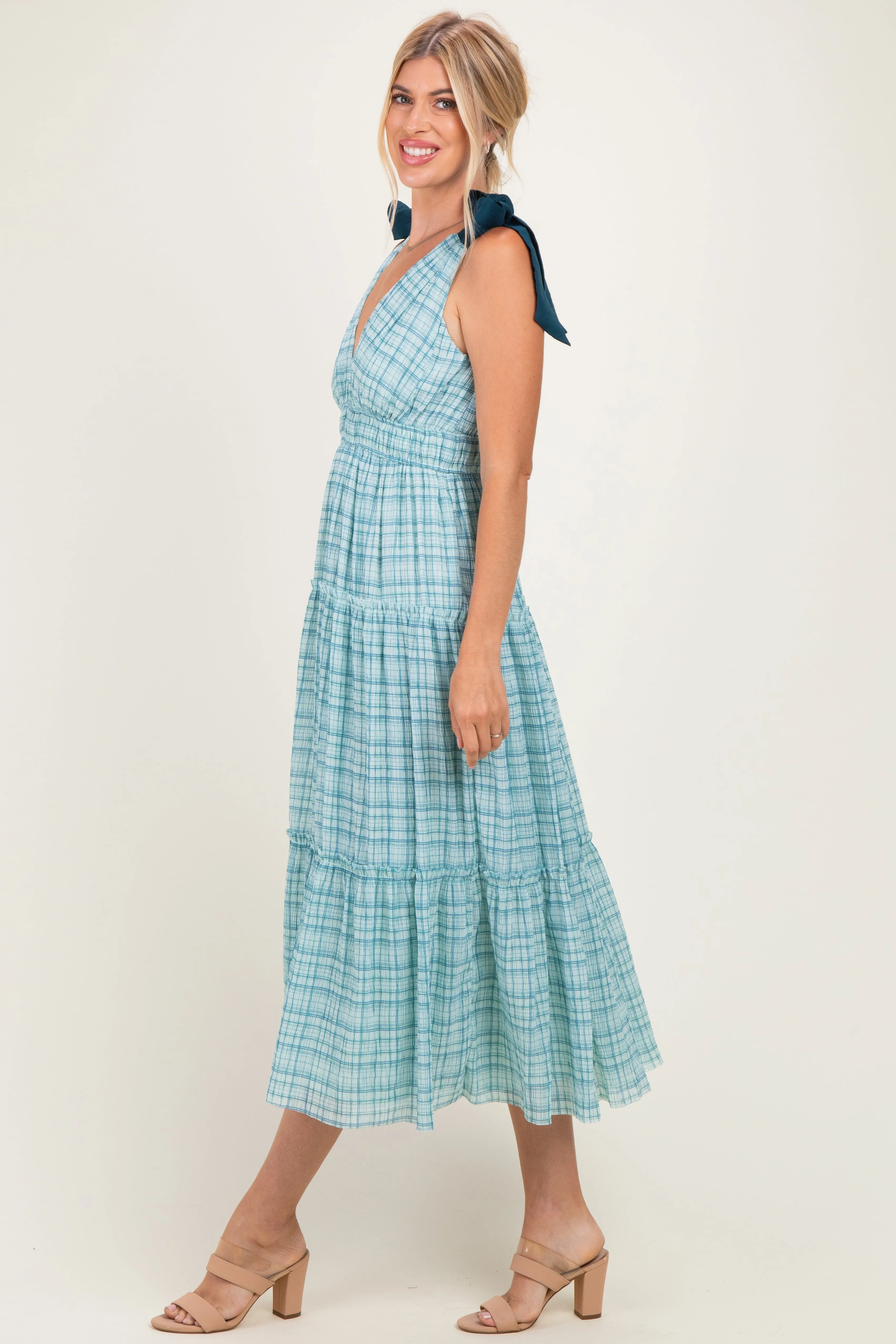 Light Blue Plaid Shoulder Tie Dress sold by Pinkblush product image thumbnail 2