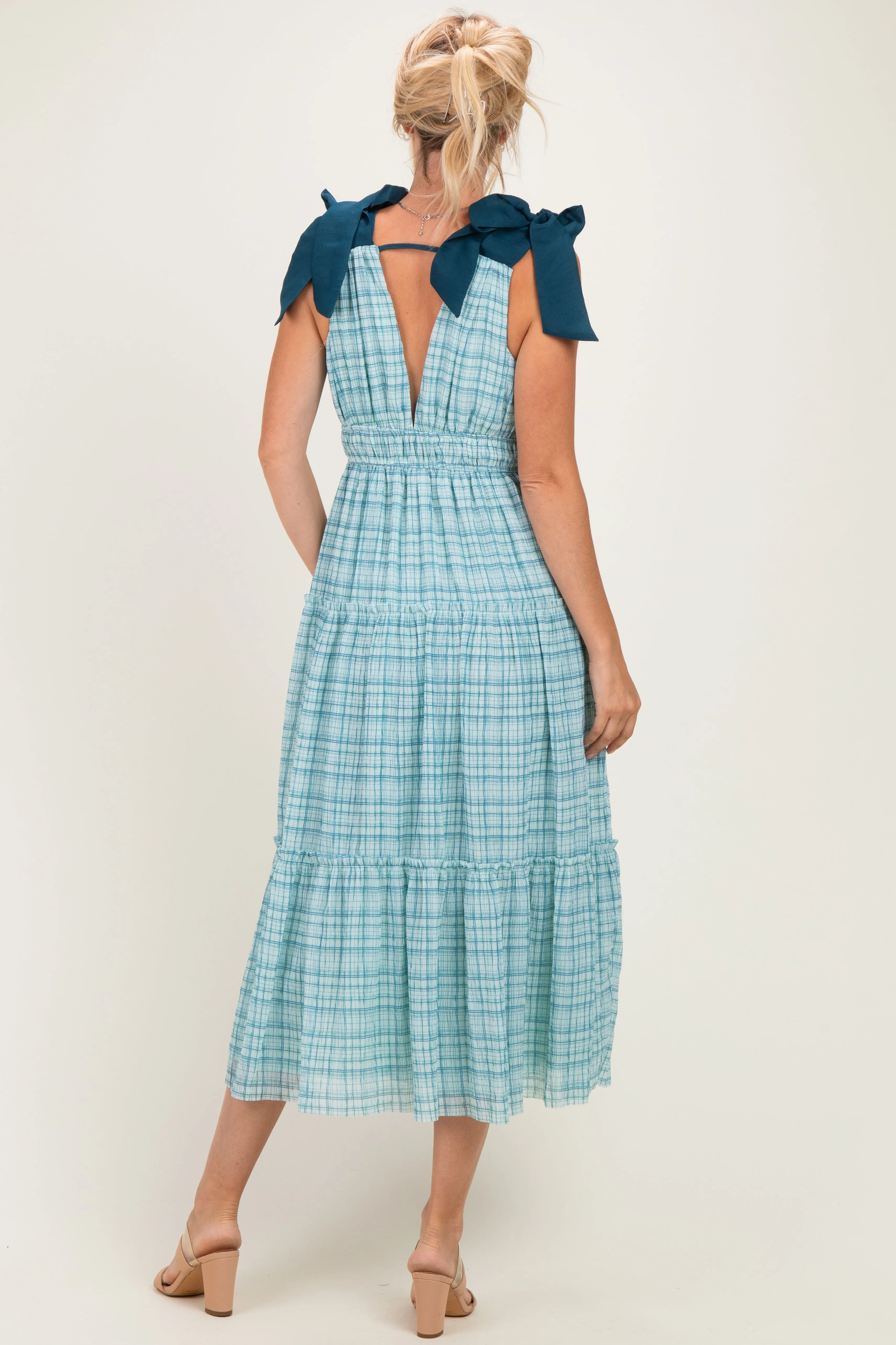 Light Blue Plaid Shoulder Tie Dress sold by Pinkblush product image thumbnail 3