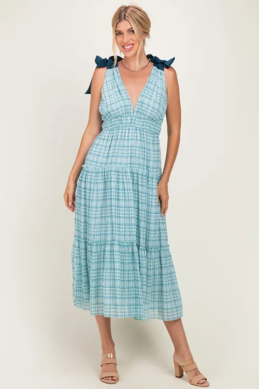 Light Blue Plaid Shoulder Tie Dress made by Storia