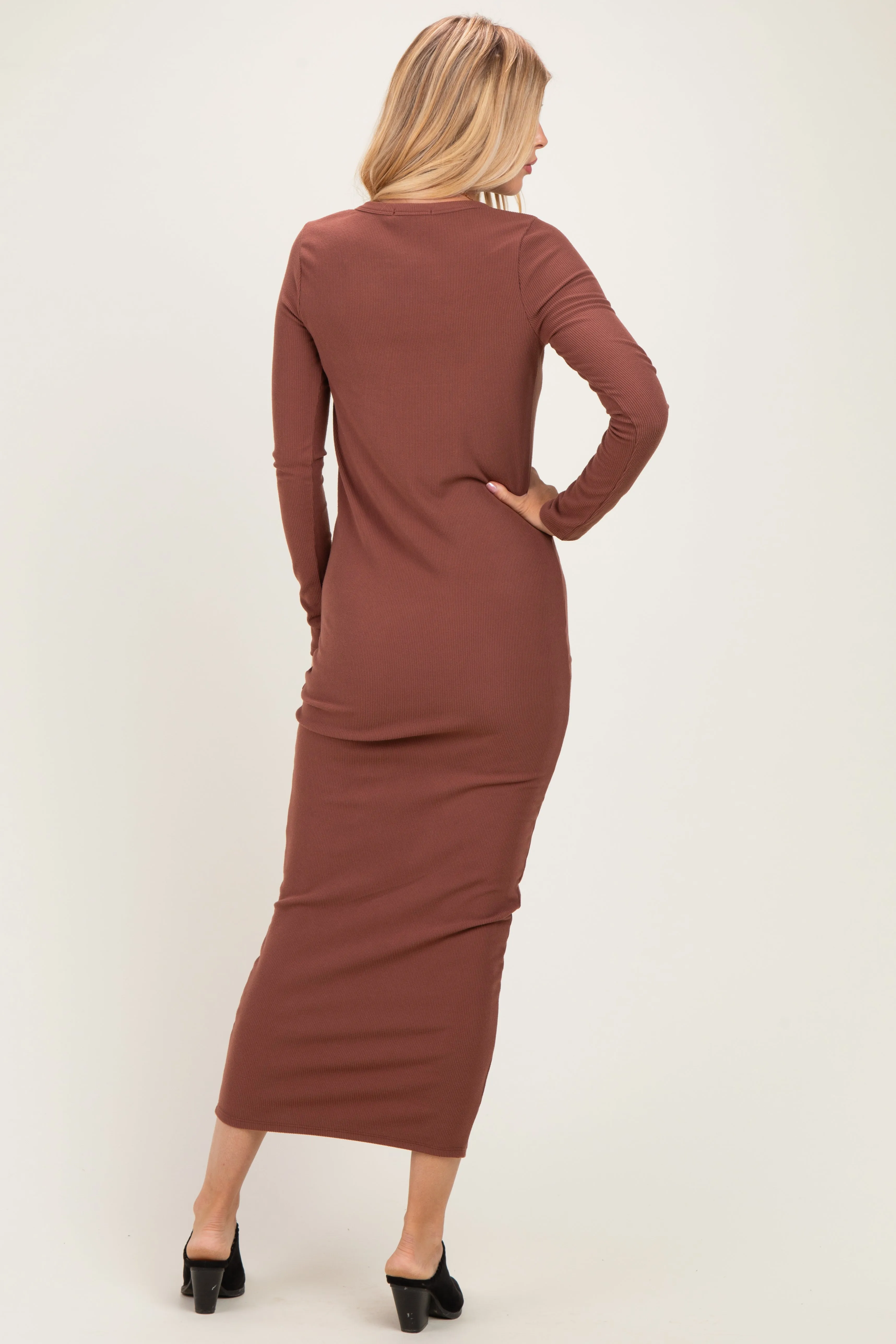 Red Brown Ribbed Fitted Long Sleeve Midi Dress sold by Pinkblush product image thumbnail 3