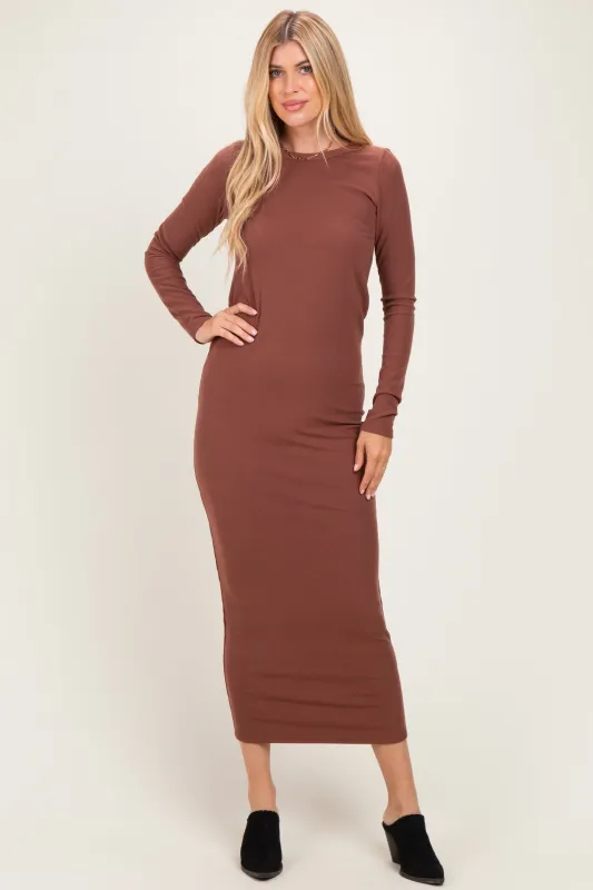 Red Brown Ribbed Fitted Long Sleeve Midi Dress made by Pinkblush