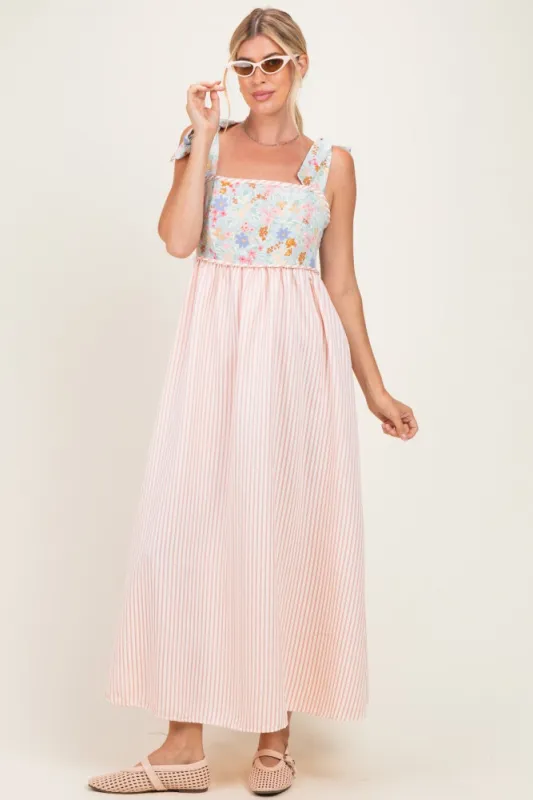 Pink Striped Sleeveless Smocked Floral Maxi Dress made by Pinkblush